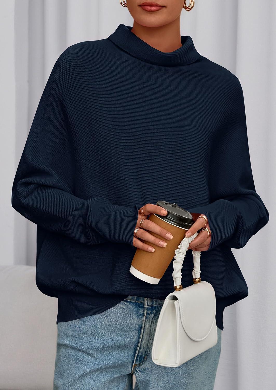 imagePRETTYGARDEN Fall Sweaters for Women 2026 Winter Clothing Batwing Sleeve Casual Loose Knit Turtleneck Sweater Holiday OutfitsNavy