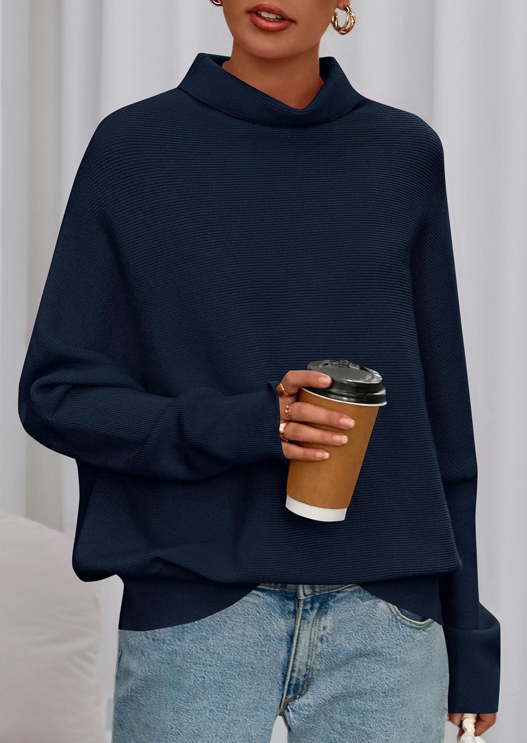 imagePRETTYGARDEN Fall Sweaters for Women 2026 Winter Clothing Batwing Sleeve Casual Loose Knit Turtleneck Sweater Holiday OutfitsNavy