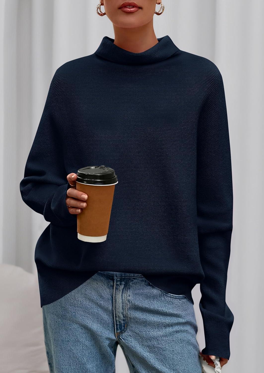 imagePRETTYGARDEN Fall Sweaters for Women 2026 Winter Clothing Batwing Sleeve Casual Loose Knit Turtleneck Sweater Holiday OutfitsNavy