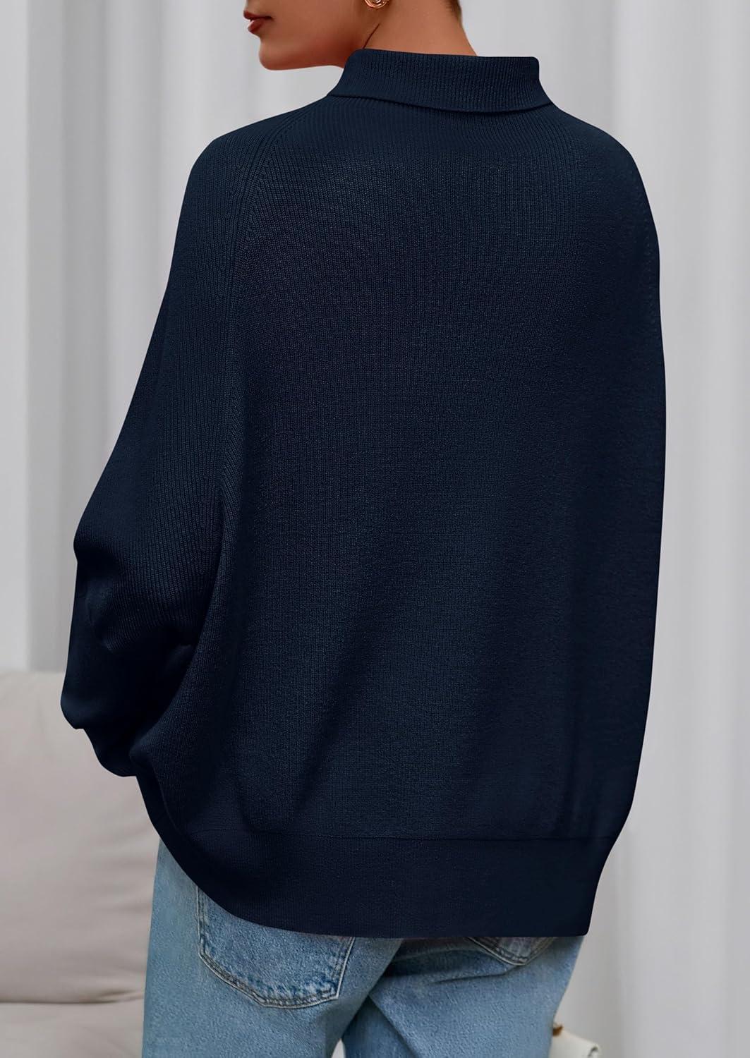 imagePRETTYGARDEN Fall Sweaters for Women 2026 Winter Clothing Batwing Sleeve Casual Loose Knit Turtleneck Sweater Holiday OutfitsNavy