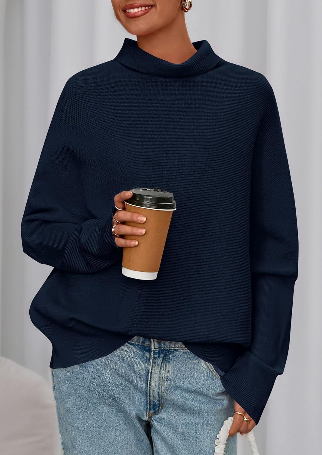 imagePRETTYGARDEN Fall Sweaters for Women 2026 Winter Clothing Batwing Sleeve Casual Loose Knit Turtleneck Sweater Holiday OutfitsNavy