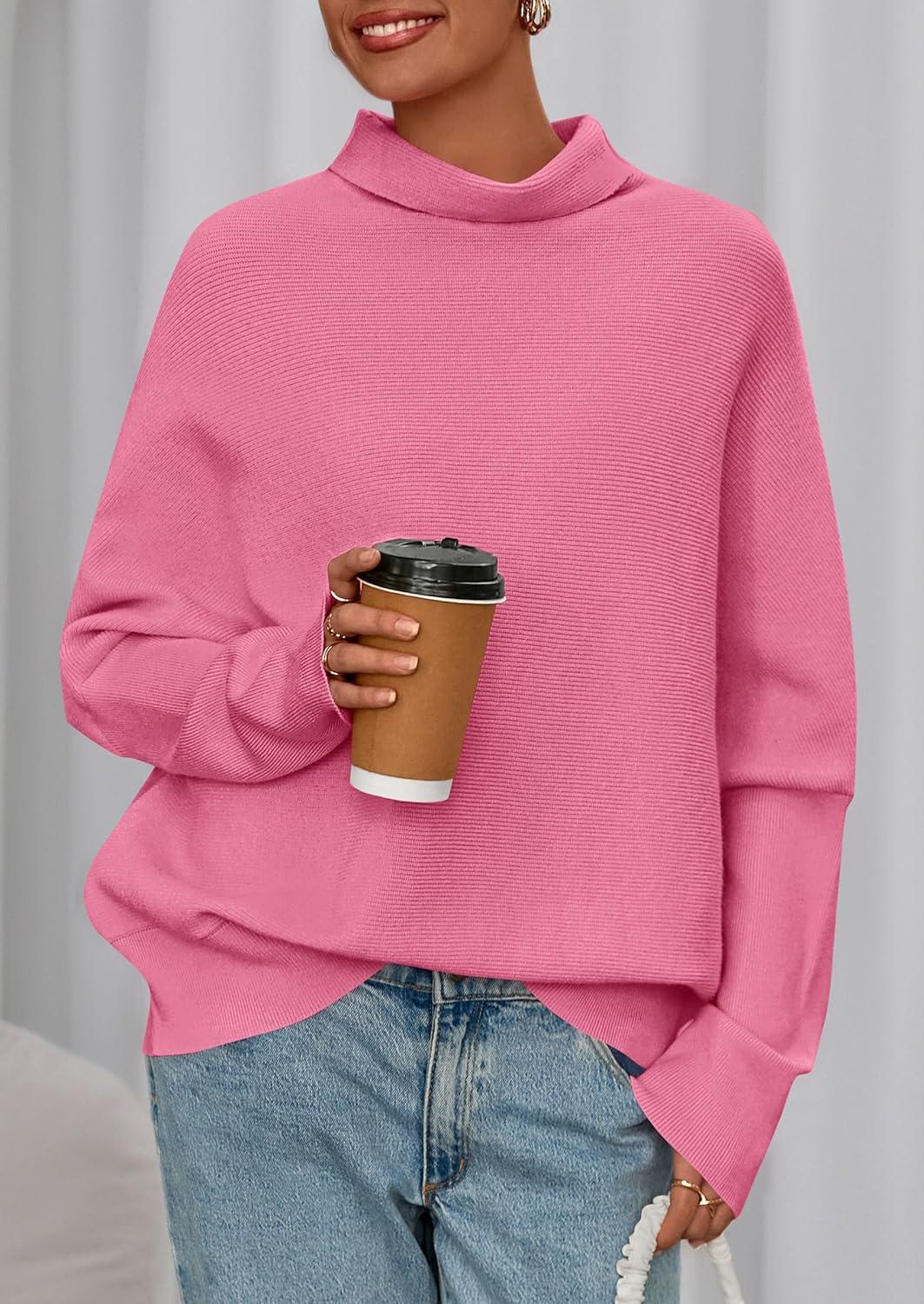 imagePRETTYGARDEN Fall Sweaters for Women 2026 Winter Clothing Batwing Sleeve Casual Loose Knit Turtleneck Sweater Holiday OutfitsPink