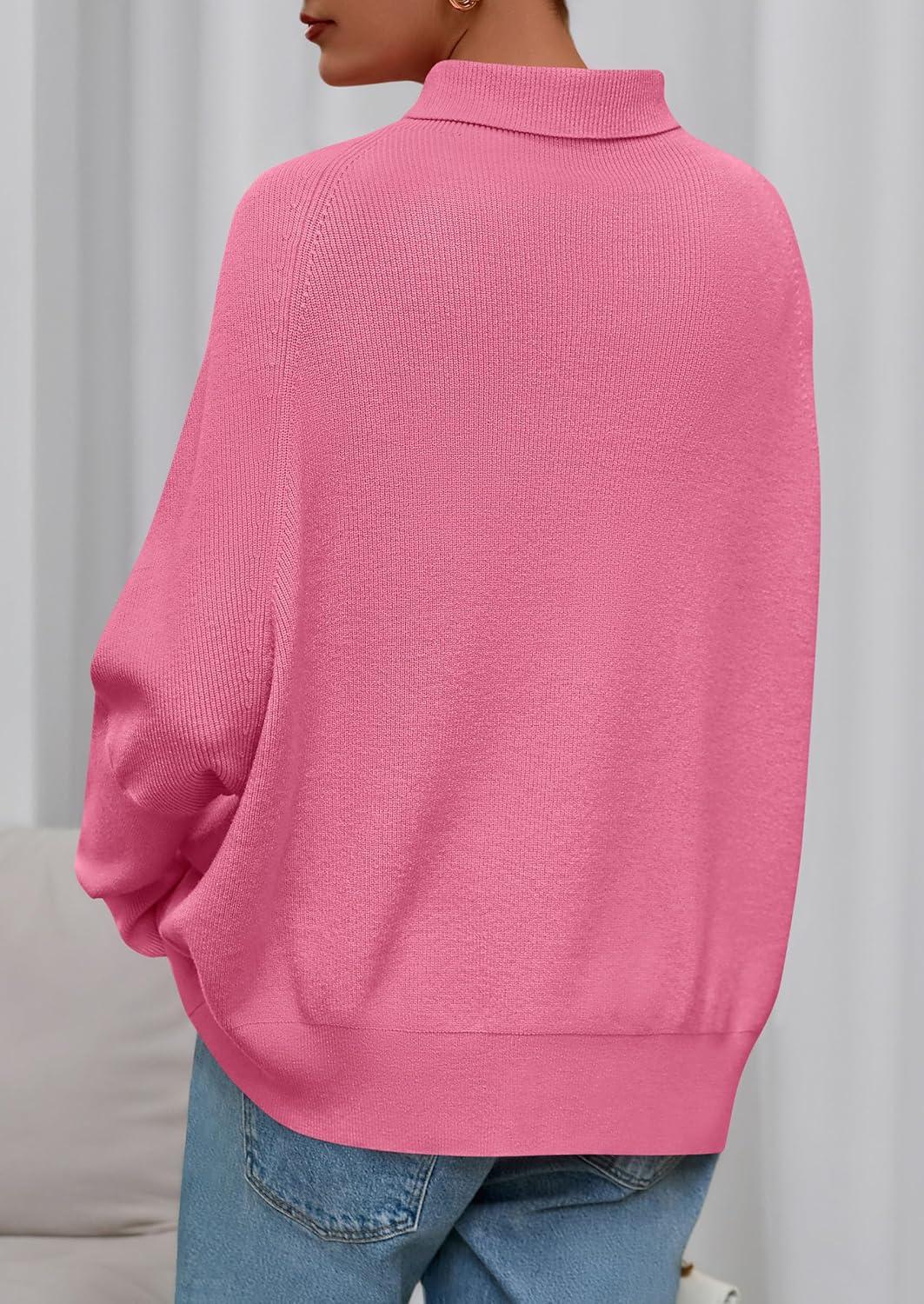 imagePRETTYGARDEN Fall Sweaters for Women 2026 Winter Clothing Batwing Sleeve Casual Loose Knit Turtleneck Sweater Holiday OutfitsPink