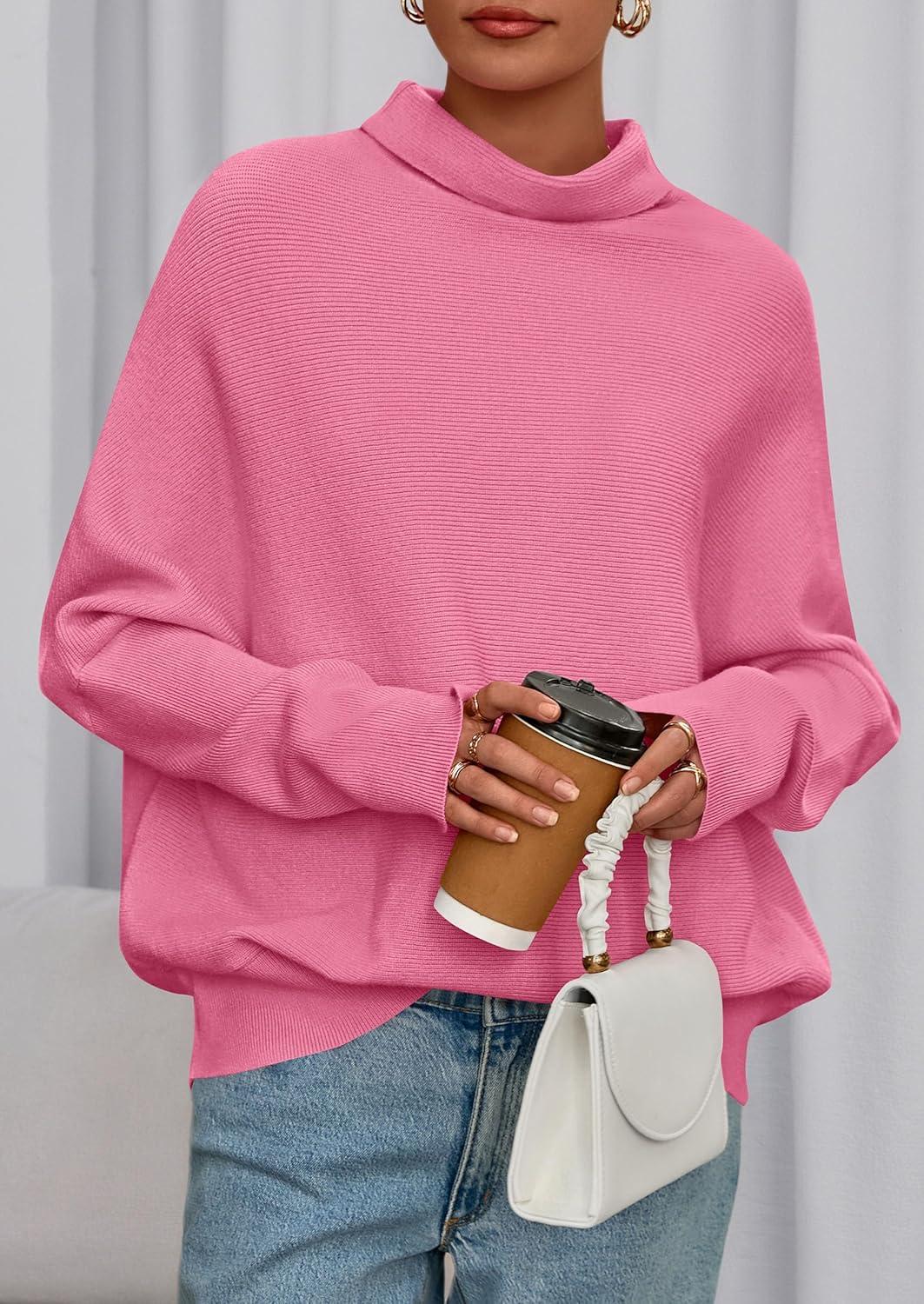imagePRETTYGARDEN Fall Sweaters for Women 2026 Winter Clothing Batwing Sleeve Casual Loose Knit Turtleneck Sweater Holiday OutfitsPink