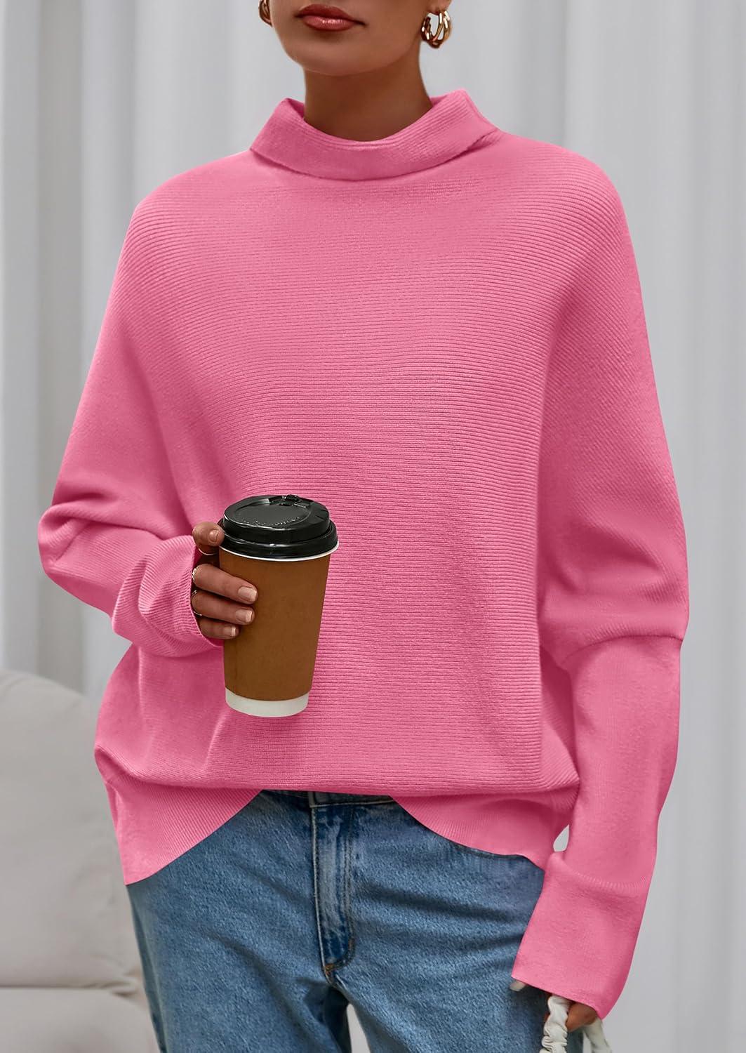 imagePRETTYGARDEN Fall Sweaters for Women 2026 Winter Clothing Batwing Sleeve Casual Loose Knit Turtleneck Sweater Holiday OutfitsPink