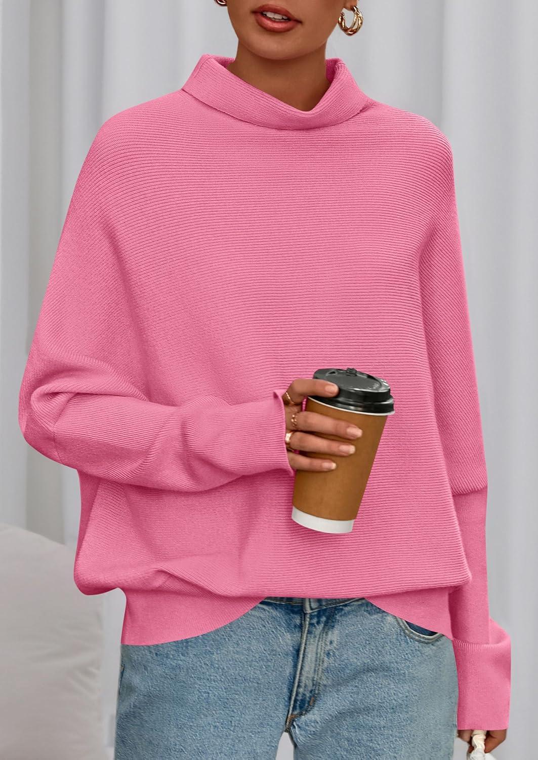 imagePRETTYGARDEN Fall Sweaters for Women 2026 Winter Clothing Batwing Sleeve Casual Loose Knit Turtleneck Sweater Holiday OutfitsPink