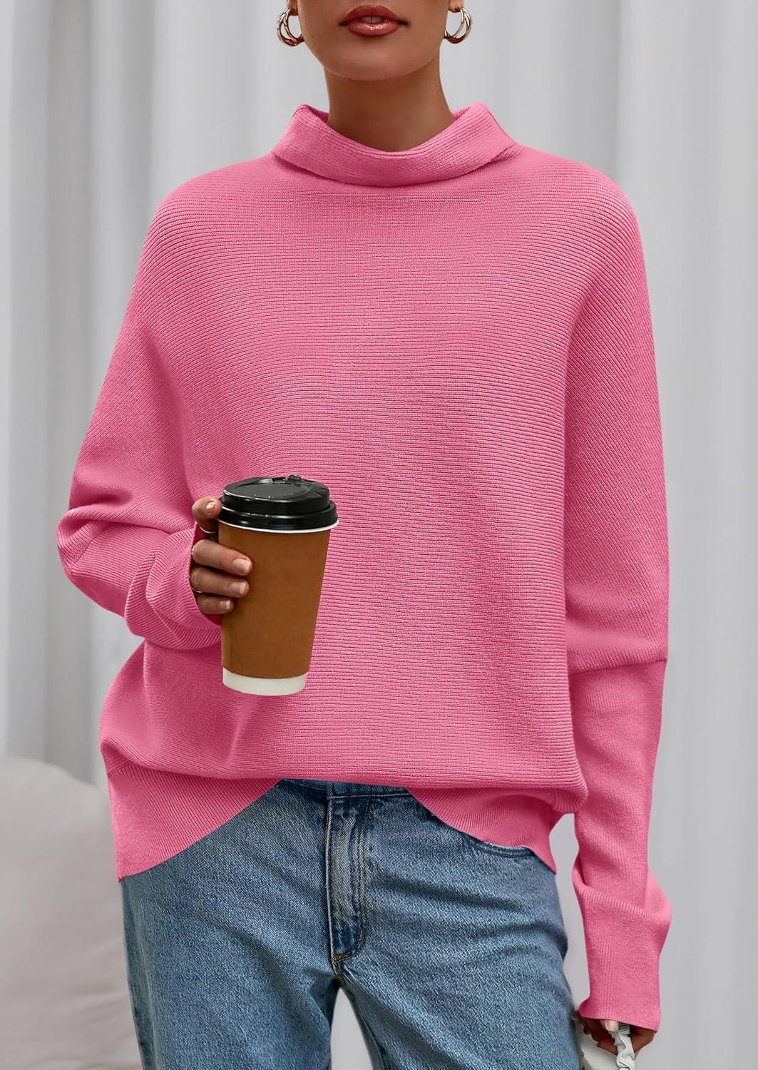 imagePRETTYGARDEN Fall Sweaters for Women 2026 Winter Clothing Batwing Sleeve Casual Loose Knit Turtleneck Sweater Holiday OutfitsPink