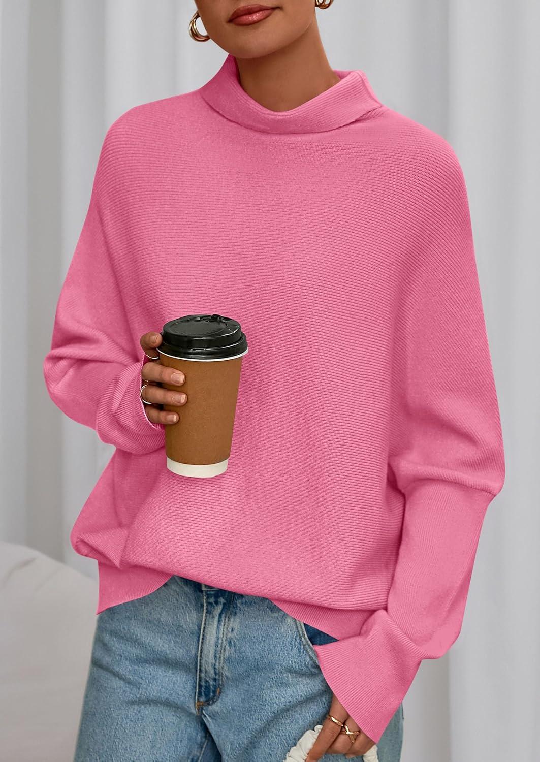 imagePRETTYGARDEN Fall Sweaters for Women 2026 Winter Clothing Batwing Sleeve Casual Loose Knit Turtleneck Sweater Holiday OutfitsPink