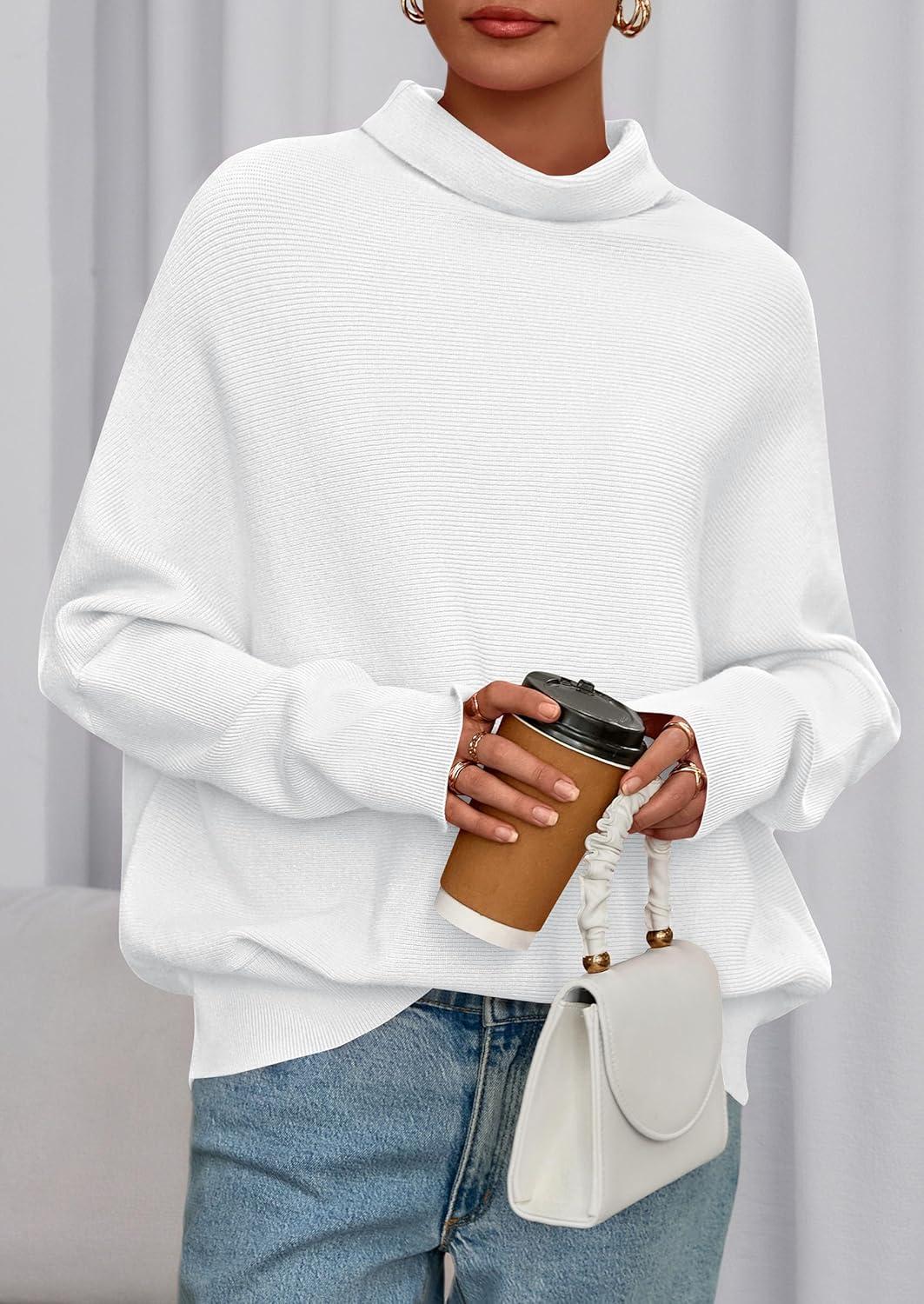 imagePRETTYGARDEN Fall Sweaters for Women 2026 Winter Clothing Batwing Sleeve Casual Loose Knit Turtleneck Sweater Holiday OutfitsWhite