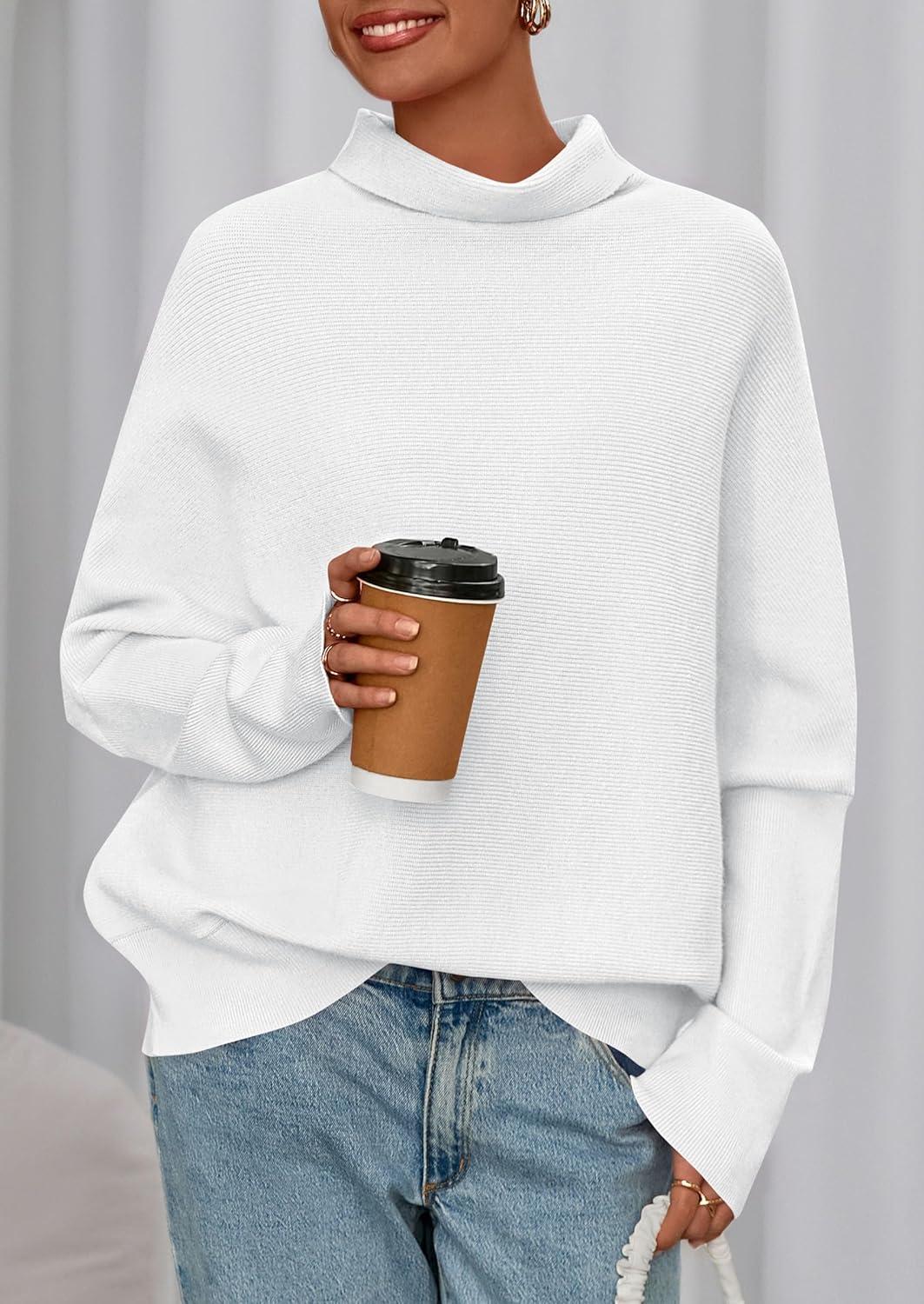imagePRETTYGARDEN Fall Sweaters for Women 2026 Winter Clothing Batwing Sleeve Casual Loose Knit Turtleneck Sweater Holiday OutfitsWhite