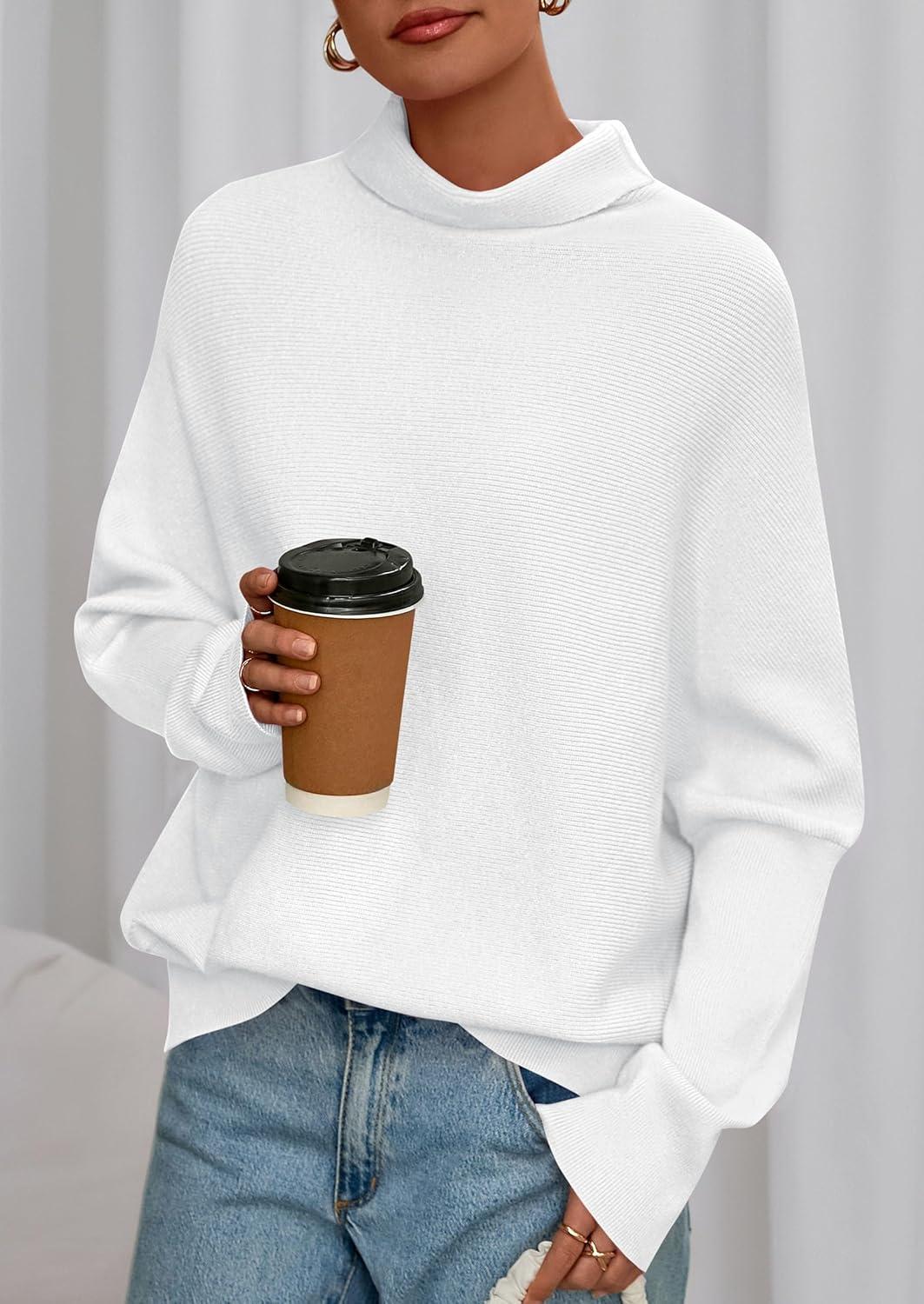 imagePRETTYGARDEN Fall Sweaters for Women 2026 Winter Clothing Batwing Sleeve Casual Loose Knit Turtleneck Sweater Holiday OutfitsWhite