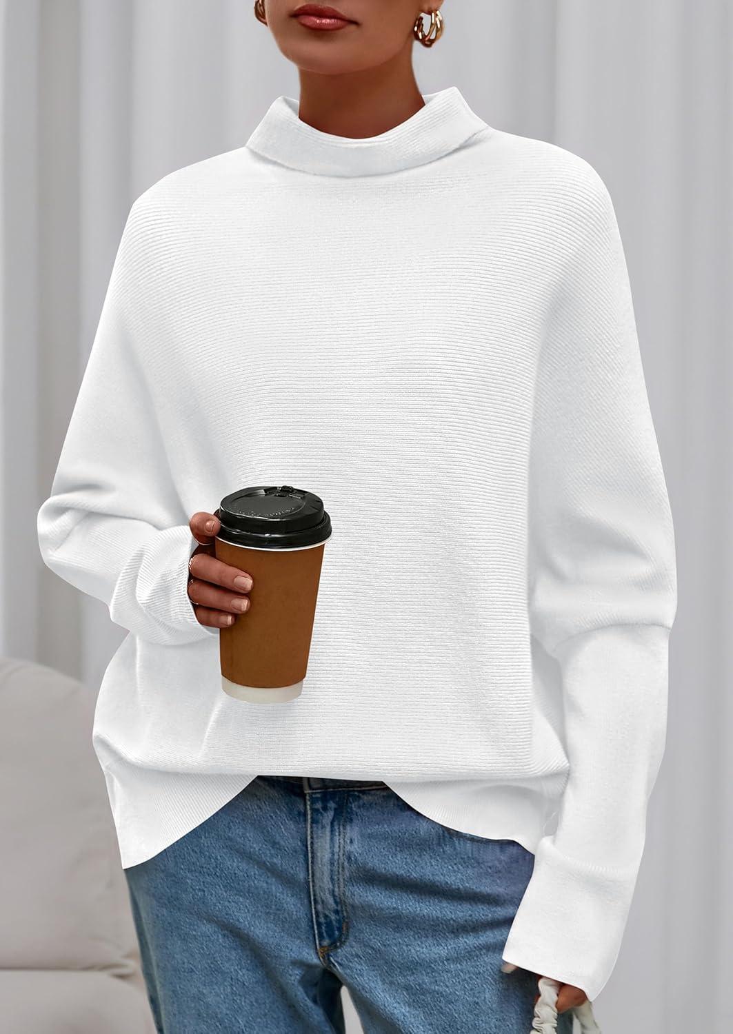 imagePRETTYGARDEN Fall Sweaters for Women 2026 Winter Clothing Batwing Sleeve Casual Loose Knit Turtleneck Sweater Holiday OutfitsWhite