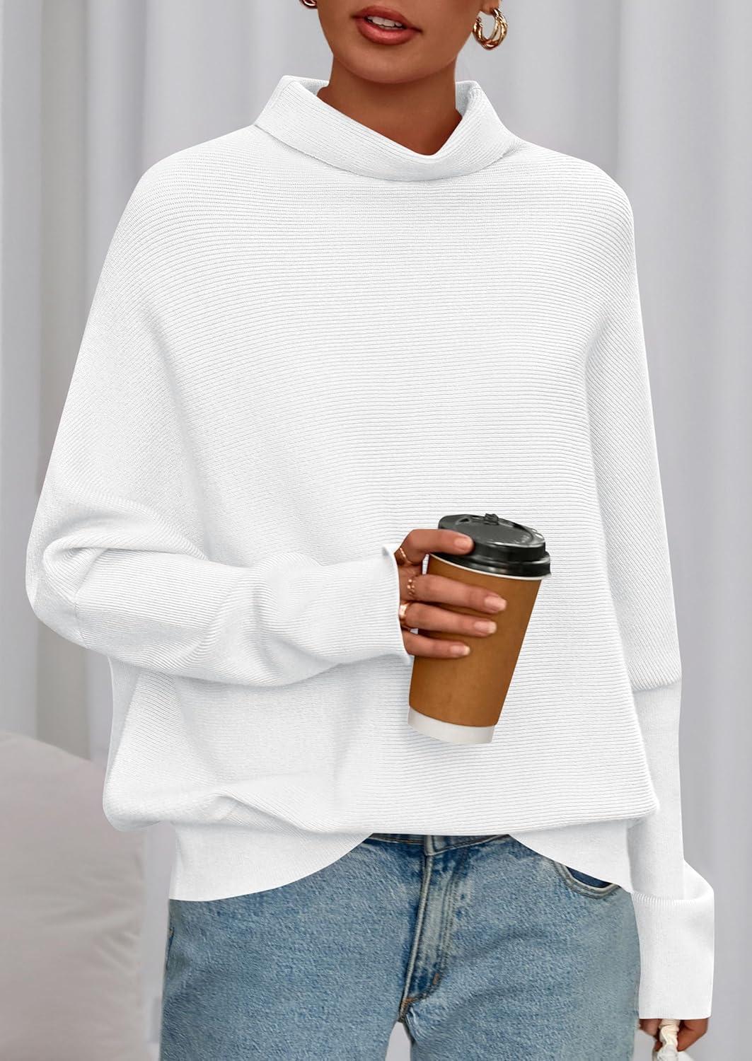 imagePRETTYGARDEN Fall Sweaters for Women 2026 Winter Clothing Batwing Sleeve Casual Loose Knit Turtleneck Sweater Holiday OutfitsWhite