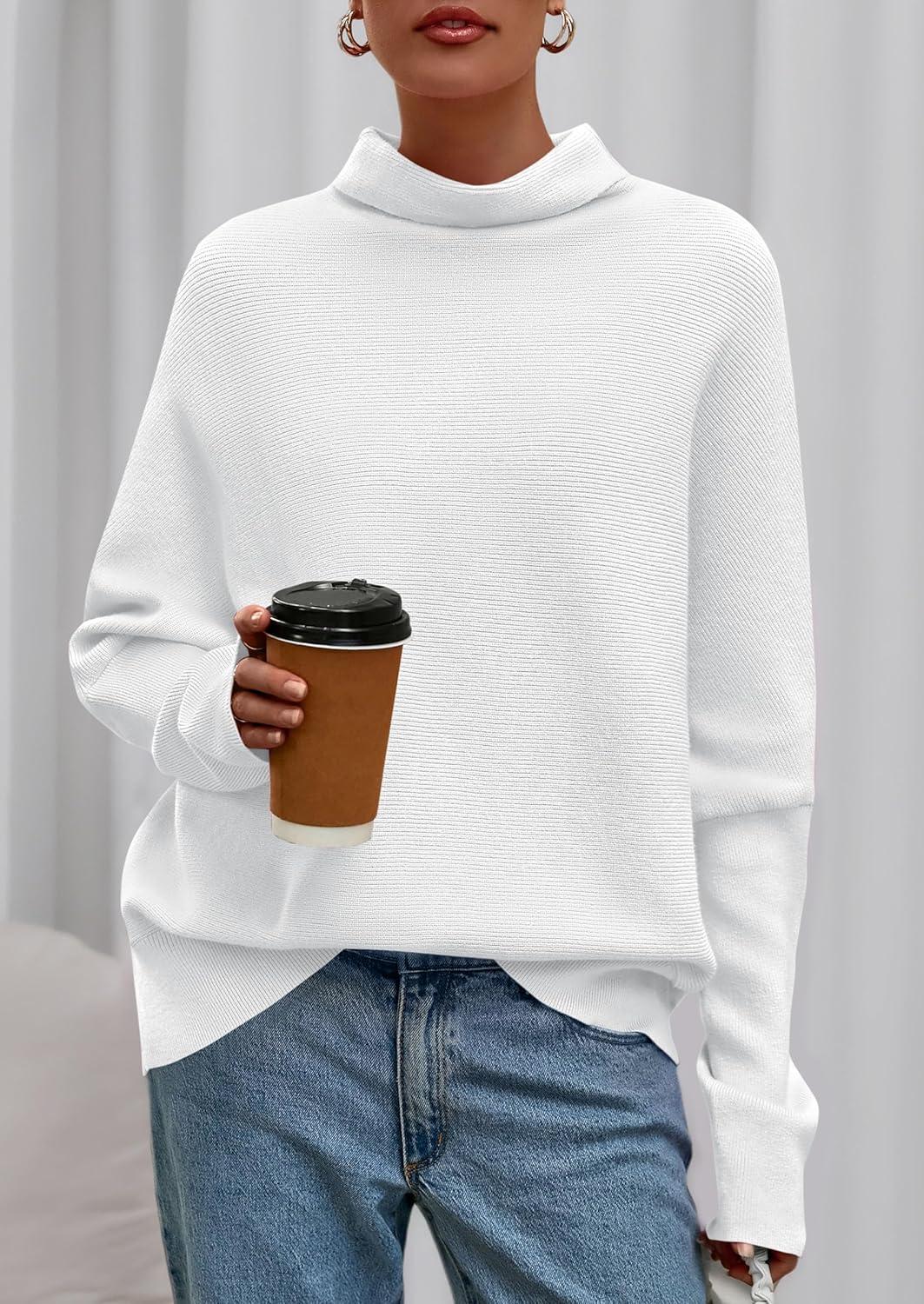 imagePRETTYGARDEN Fall Sweaters for Women 2026 Winter Clothing Batwing Sleeve Casual Loose Knit Turtleneck Sweater Holiday OutfitsWhite