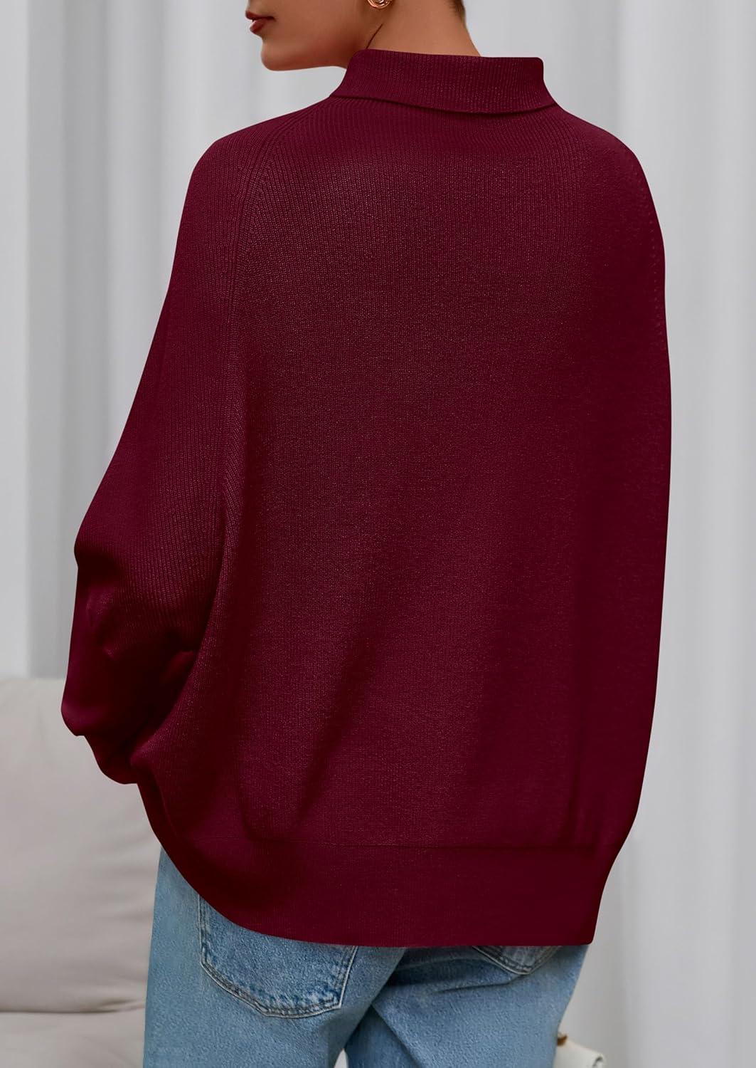 imagePRETTYGARDEN Fall Sweaters for Women 2026 Winter Clothing Batwing Sleeve Casual Loose Knit Turtleneck Sweater Holiday OutfitsWine Red