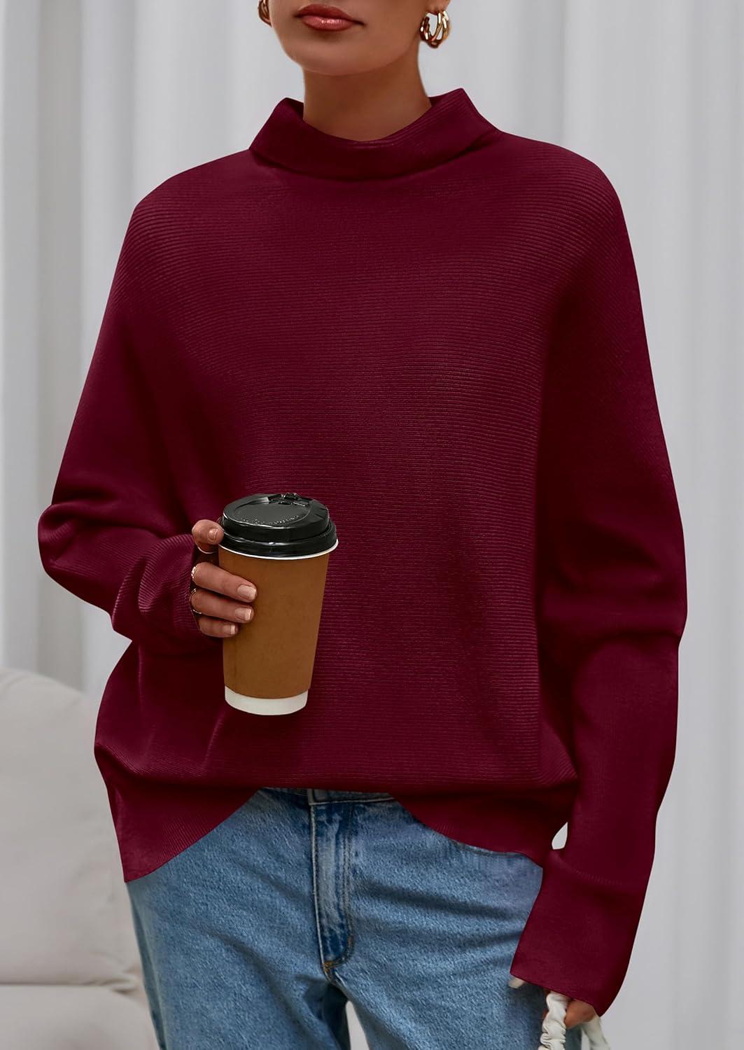 imagePRETTYGARDEN Fall Sweaters for Women 2026 Winter Clothing Batwing Sleeve Casual Loose Knit Turtleneck Sweater Holiday OutfitsWine Red