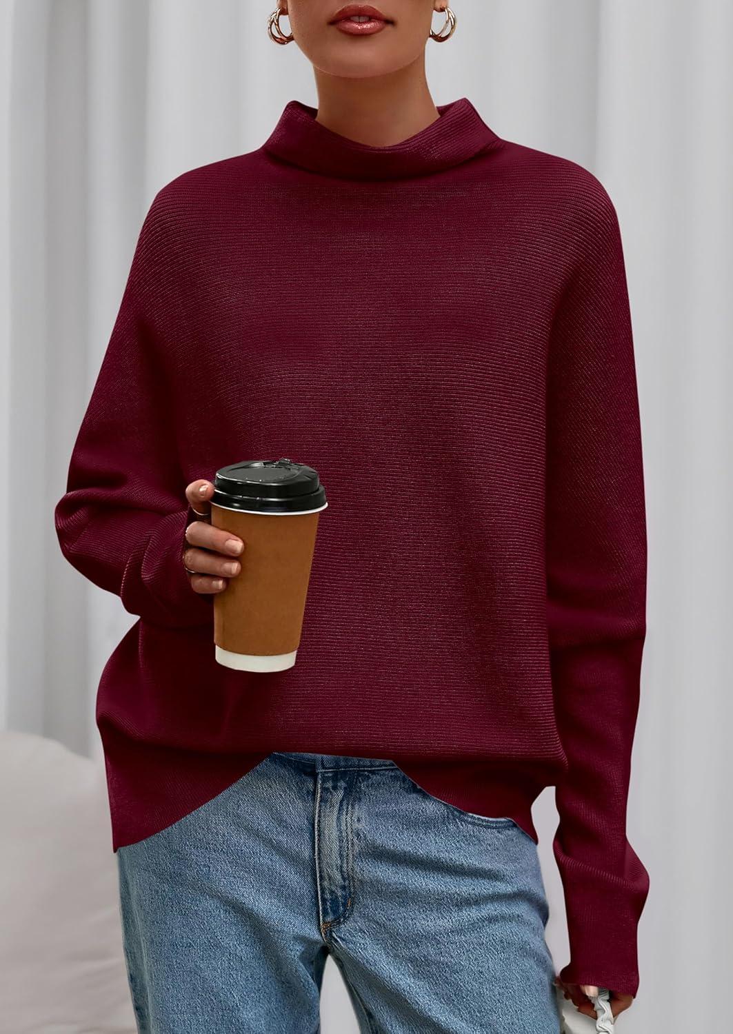 imagePRETTYGARDEN Fall Sweaters for Women 2026 Winter Clothing Batwing Sleeve Casual Loose Knit Turtleneck Sweater Holiday OutfitsWine Red