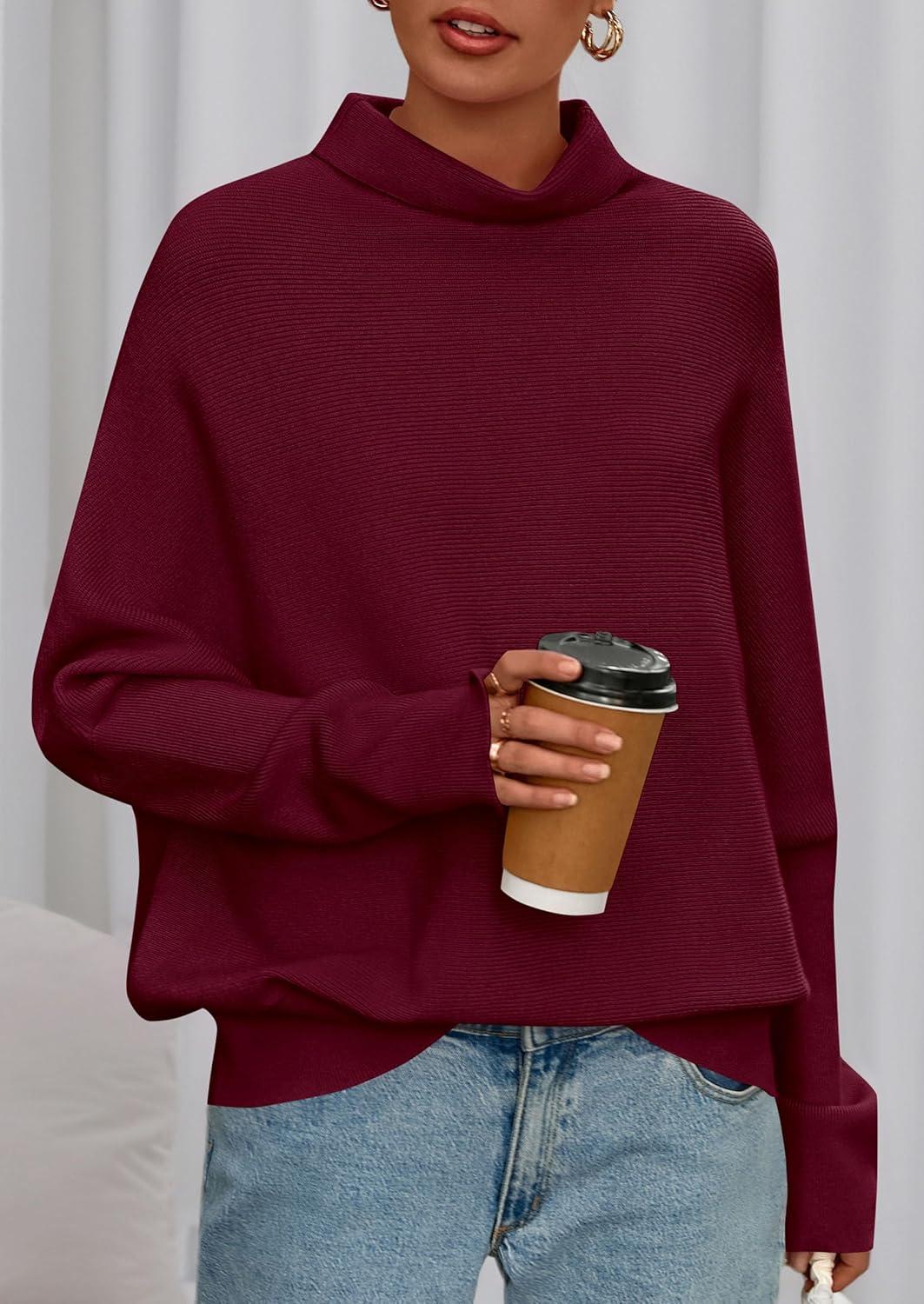 imagePRETTYGARDEN Fall Sweaters for Women 2026 Winter Clothing Batwing Sleeve Casual Loose Knit Turtleneck Sweater Holiday OutfitsWine Red