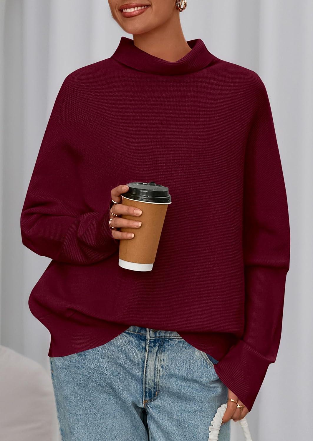 imagePRETTYGARDEN Fall Sweaters for Women 2026 Winter Clothing Batwing Sleeve Casual Loose Knit Turtleneck Sweater Holiday OutfitsWine Red
