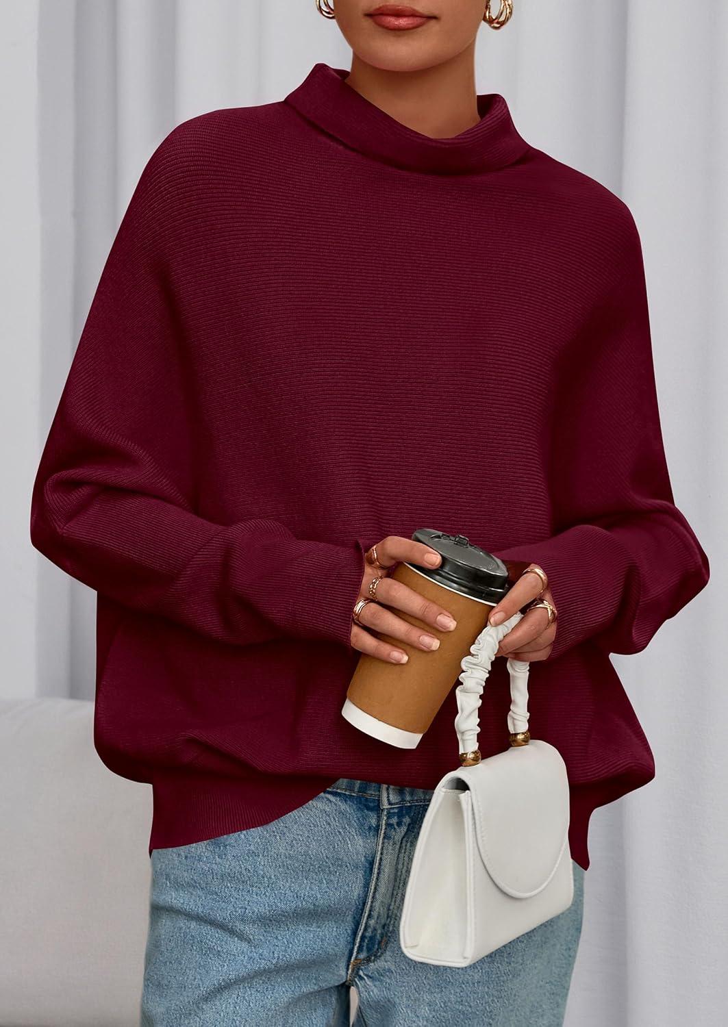 imagePRETTYGARDEN Fall Sweaters for Women 2026 Winter Clothing Batwing Sleeve Casual Loose Knit Turtleneck Sweater Holiday OutfitsWine Red