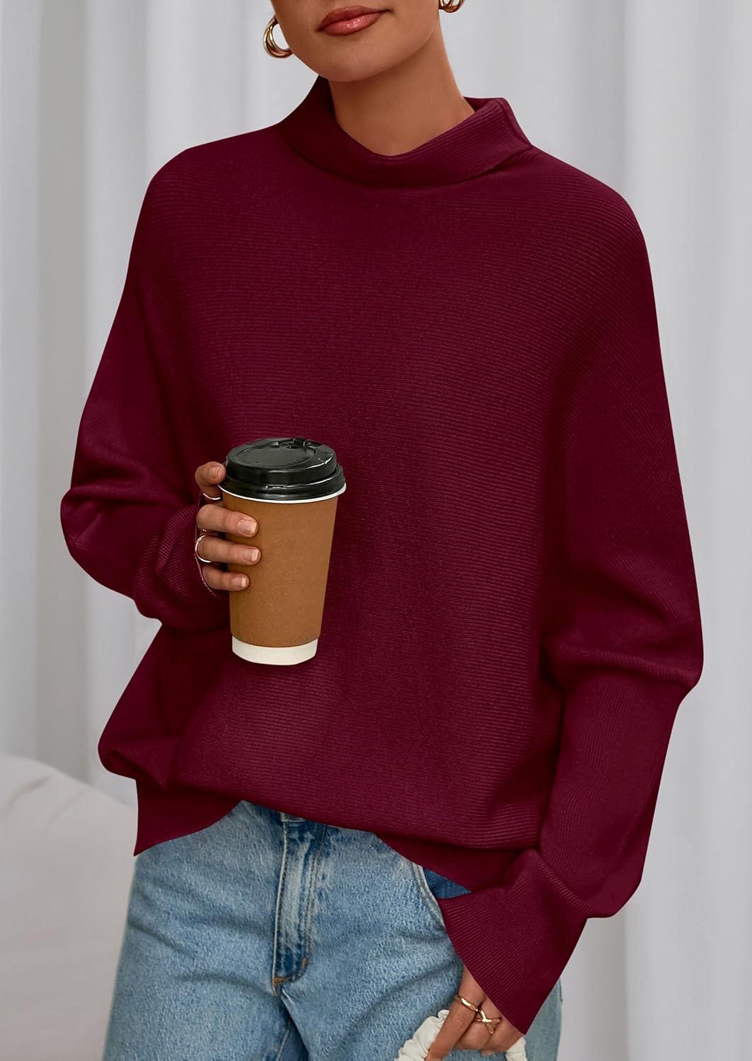 imagePRETTYGARDEN Fall Sweaters for Women 2026 Winter Clothing Batwing Sleeve Casual Loose Knit Turtleneck Sweater Holiday OutfitsWine Red