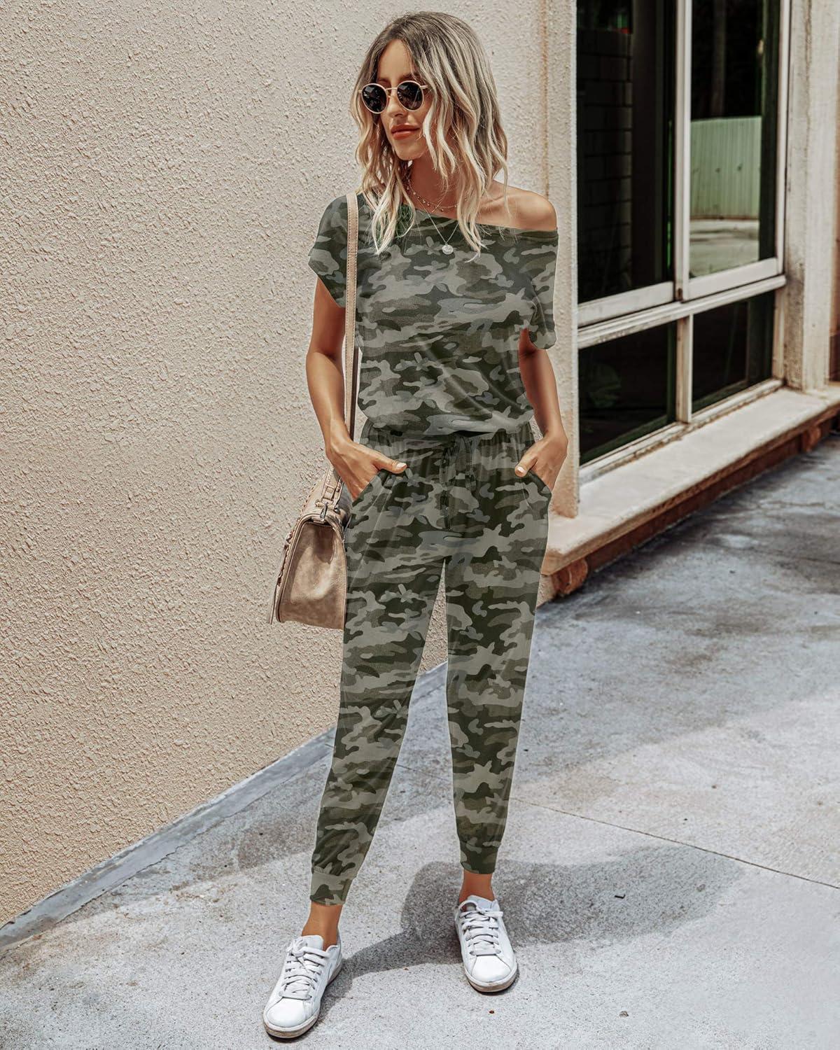 imagePRETTYGARDEN Jumpsuits for Women 2026 Summer Dressy Off Shoulder Romper Spring Vacation Travel Lounge Outfits ClothesCamouflage