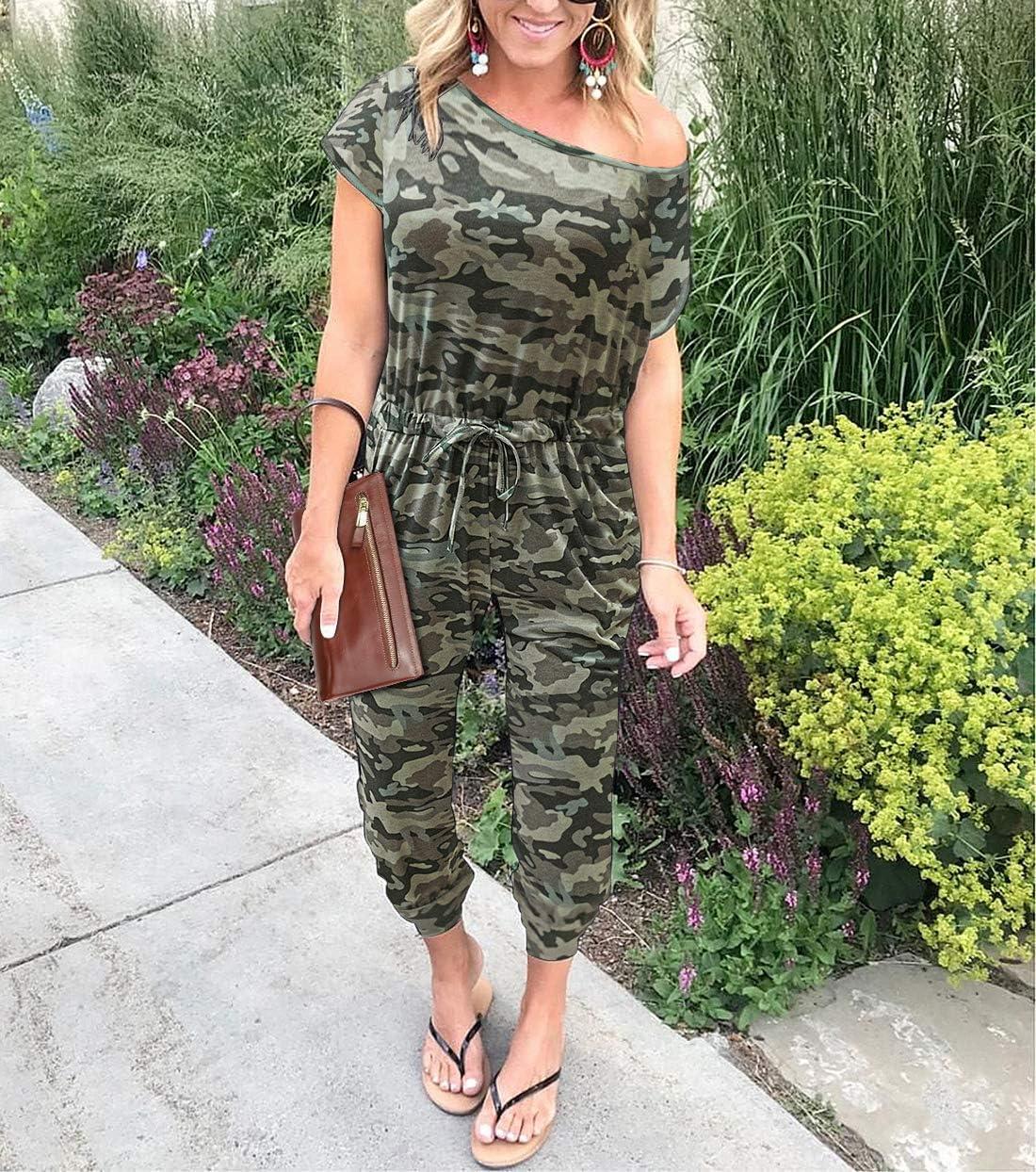 imagePRETTYGARDEN Jumpsuits for Women 2026 Summer Dressy Off Shoulder Romper Spring Vacation Travel Lounge Outfits ClothesCamouflage