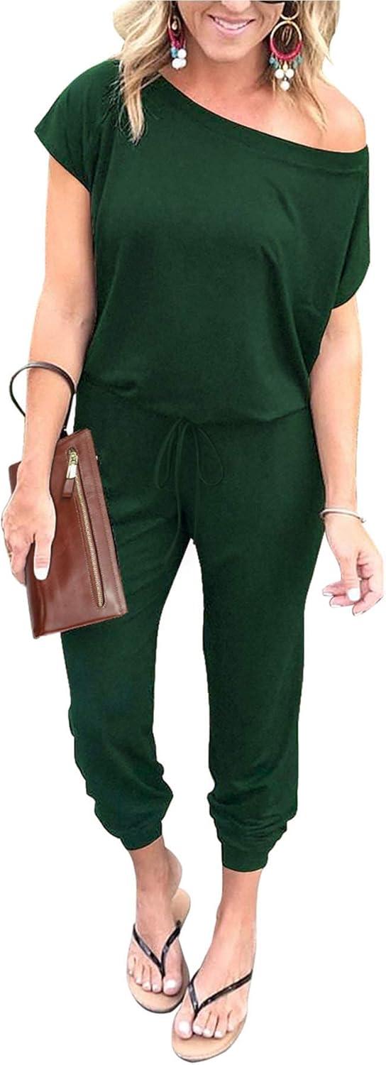 imagePRETTYGARDEN Jumpsuits for Women 2026 Summer Dressy Off Shoulder Romper Spring Vacation Travel Lounge Outfits ClothesDark Green