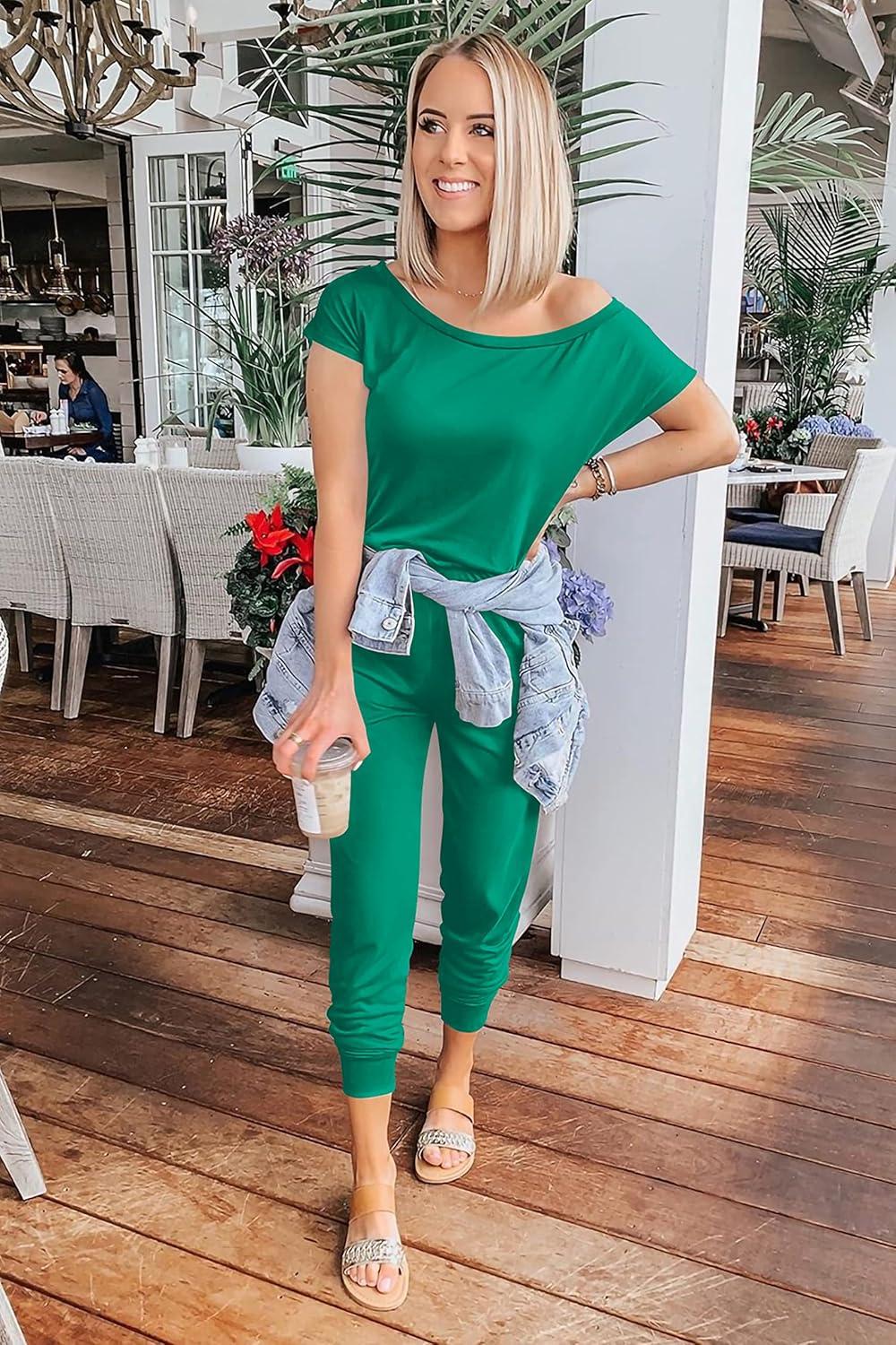 imagePRETTYGARDEN Jumpsuits for Women 2026 Summer Dressy Off Shoulder Romper Spring Vacation Travel Lounge Outfits ClothesGrass Green