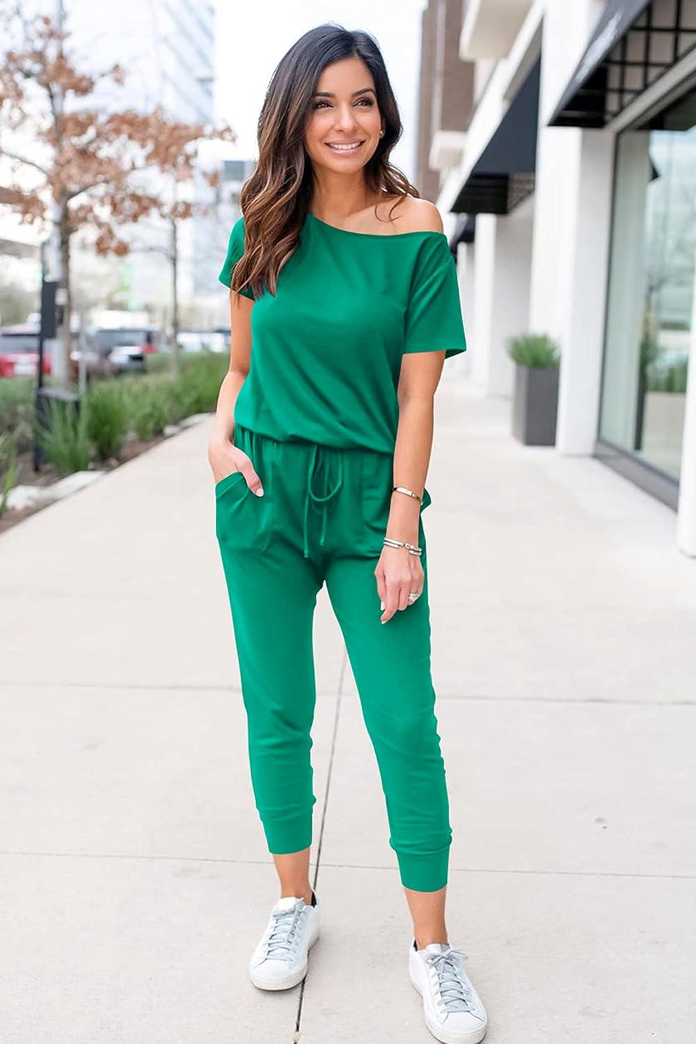 imagePRETTYGARDEN Jumpsuits for Women 2026 Summer Dressy Off Shoulder Romper Spring Vacation Travel Lounge Outfits ClothesGrass Green