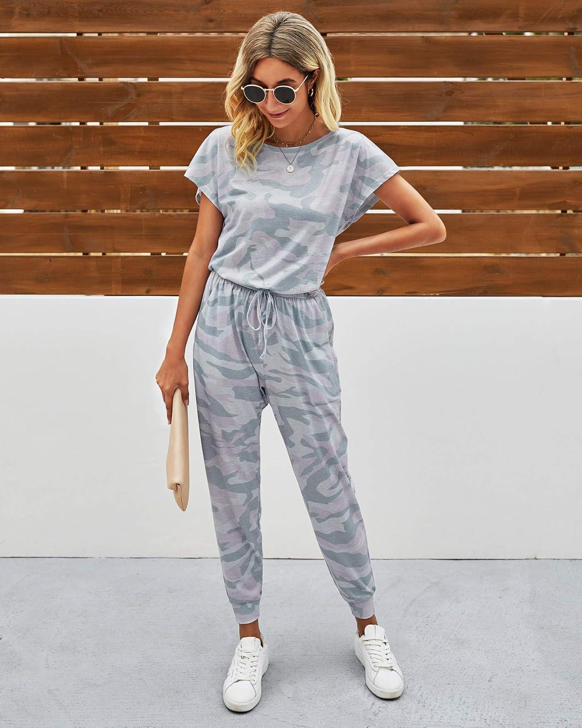 imagePRETTYGARDEN Jumpsuits for Women 2026 Summer Dressy Off Shoulder Romper Spring Vacation Travel Lounge Outfits ClothesGrey Camouflage