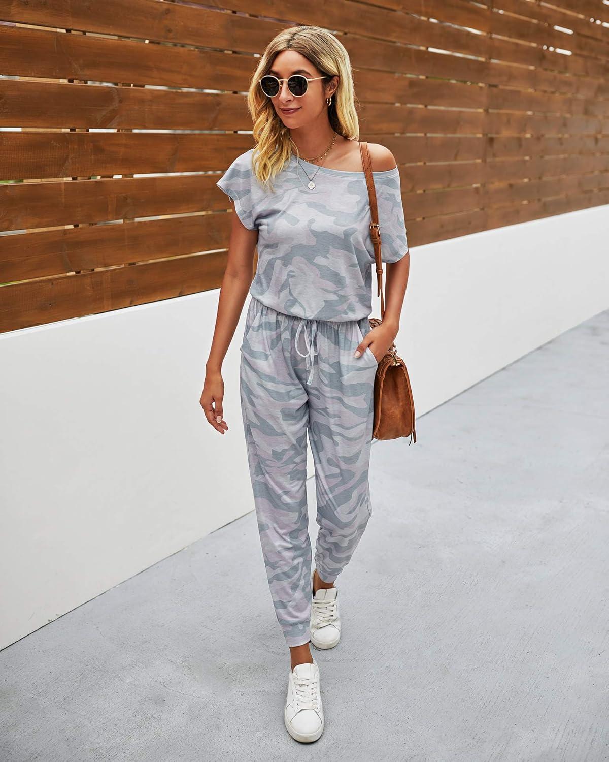 imagePRETTYGARDEN Jumpsuits for Women 2026 Summer Dressy Off Shoulder Romper Spring Vacation Travel Lounge Outfits ClothesGrey Camouflage