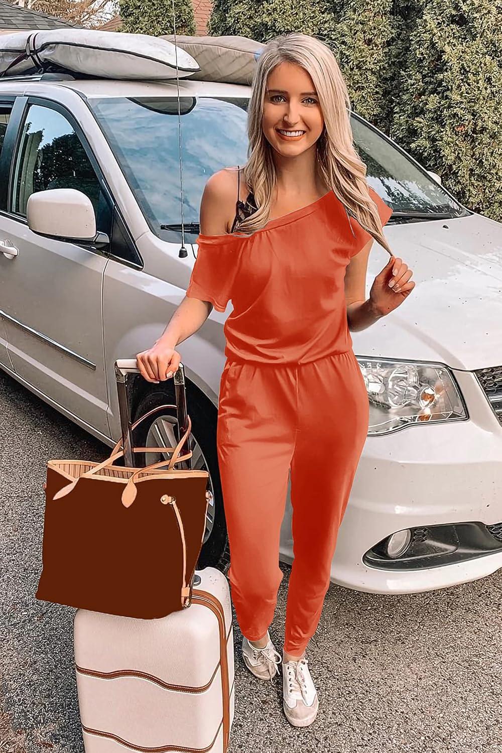 imagePRETTYGARDEN Jumpsuits for Women 2026 Summer Dressy Off Shoulder Romper Spring Vacation Travel Lounge Outfits ClothesOrange Red