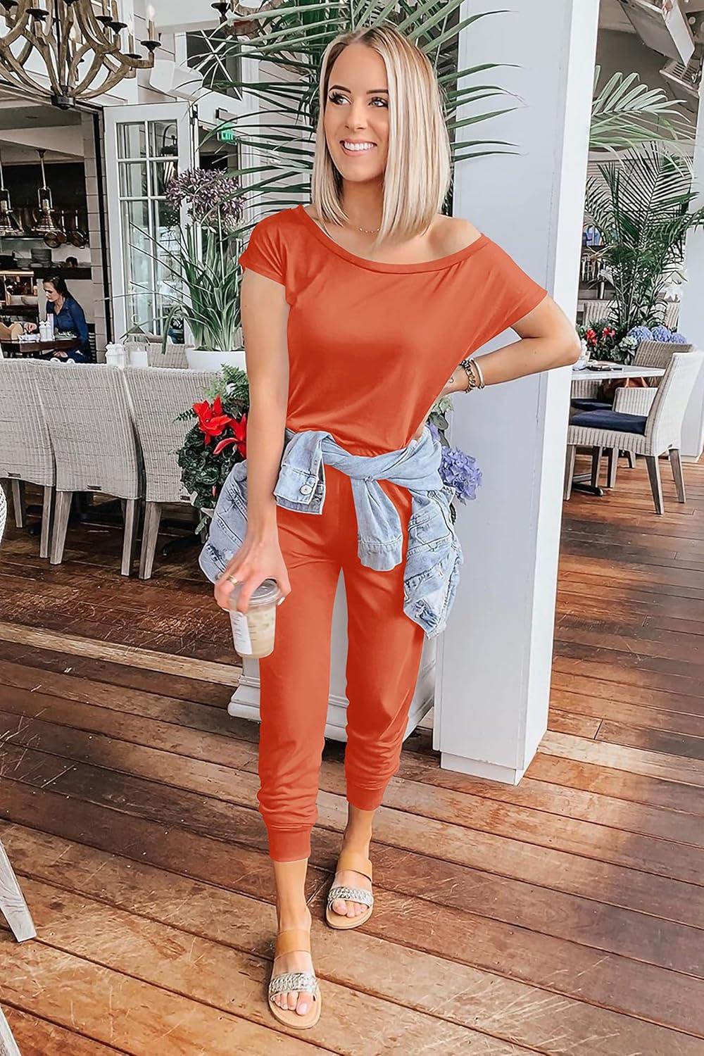 imagePRETTYGARDEN Jumpsuits for Women 2026 Summer Dressy Off Shoulder Romper Spring Vacation Travel Lounge Outfits ClothesOrange Red
