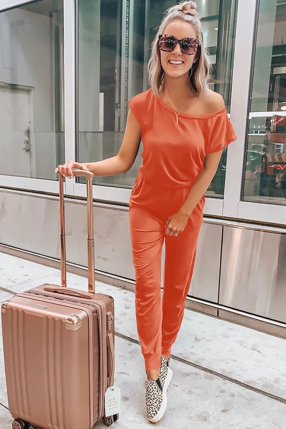 imagePRETTYGARDEN Jumpsuits for Women 2026 Summer Dressy Off Shoulder Romper Spring Vacation Travel Lounge Outfits ClothesOrange Red