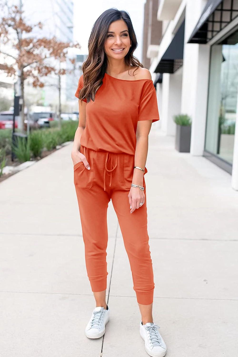 imagePRETTYGARDEN Jumpsuits for Women 2026 Summer Dressy Off Shoulder Romper Spring Vacation Travel Lounge Outfits ClothesOrange Red