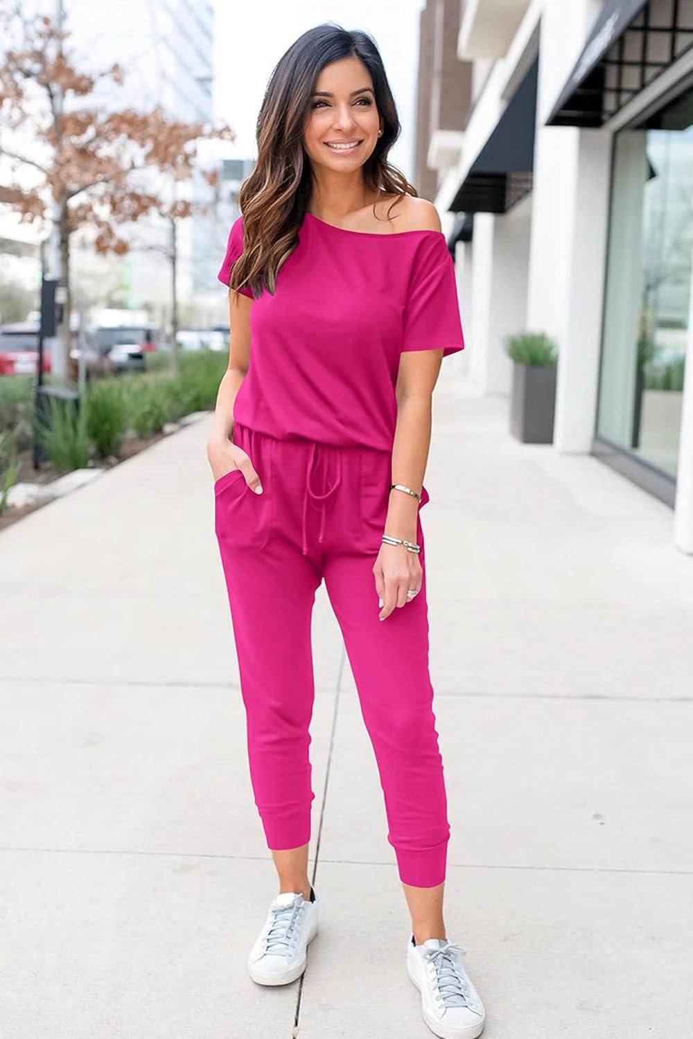 imagePRETTYGARDEN Jumpsuits for Women 2026 Summer Dressy Off Shoulder Romper Spring Vacation Travel Lounge Outfits ClothesRose Red