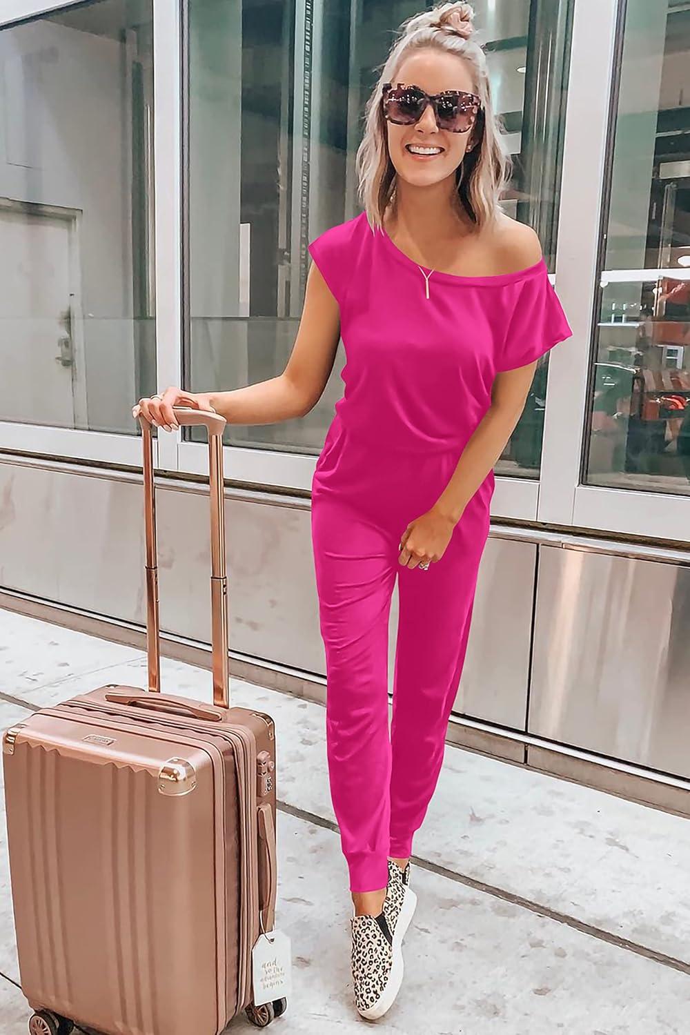 imagePRETTYGARDEN Jumpsuits for Women 2026 Summer Dressy Off Shoulder Romper Spring Vacation Travel Lounge Outfits ClothesRose Red