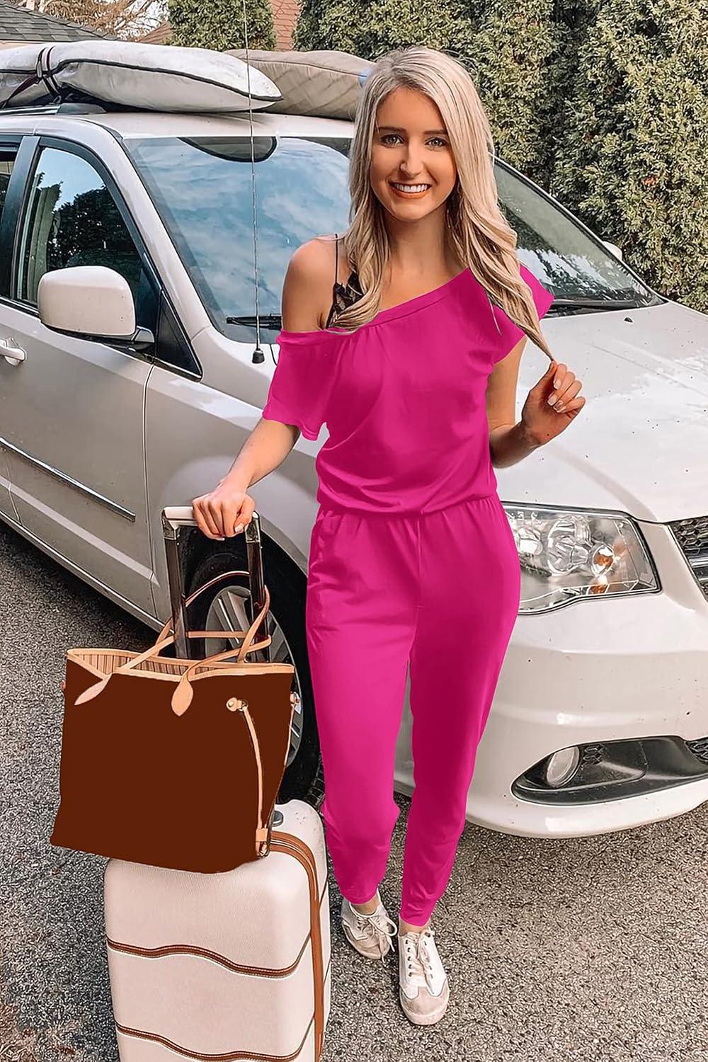 imagePRETTYGARDEN Jumpsuits for Women 2026 Summer Dressy Off Shoulder Romper Spring Vacation Travel Lounge Outfits ClothesRose Red
