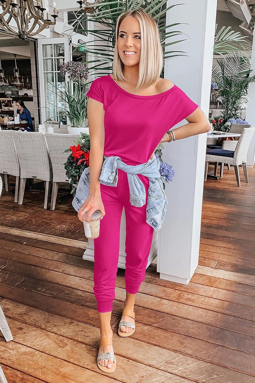 imagePRETTYGARDEN Jumpsuits for Women 2026 Summer Dressy Off Shoulder Romper Spring Vacation Travel Lounge Outfits ClothesRose Red