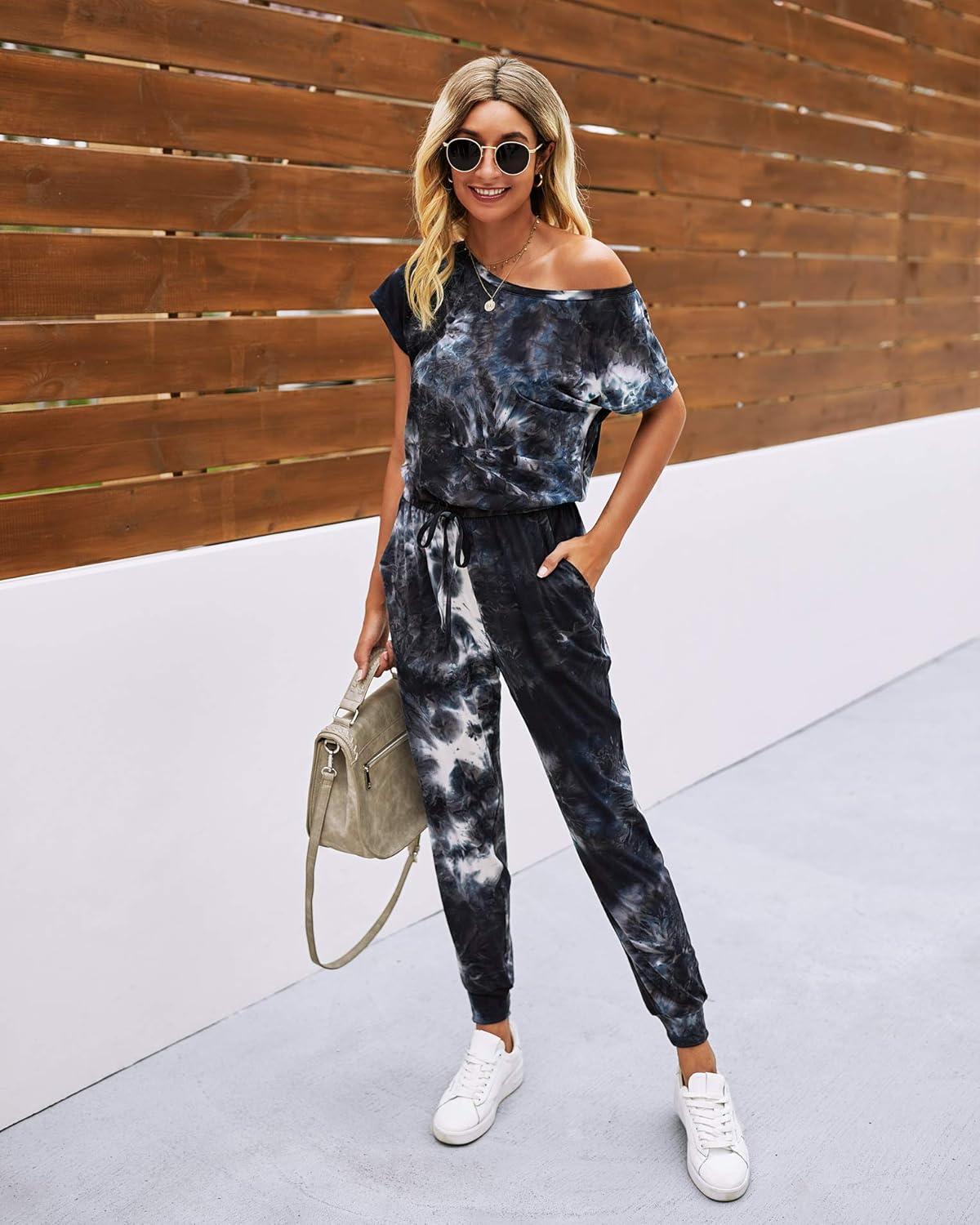 imagePRETTYGARDEN Jumpsuits for Women 2026 Summer Dressy Off Shoulder Romper Spring Vacation Travel Lounge Outfits ClothesTie Dyeblack