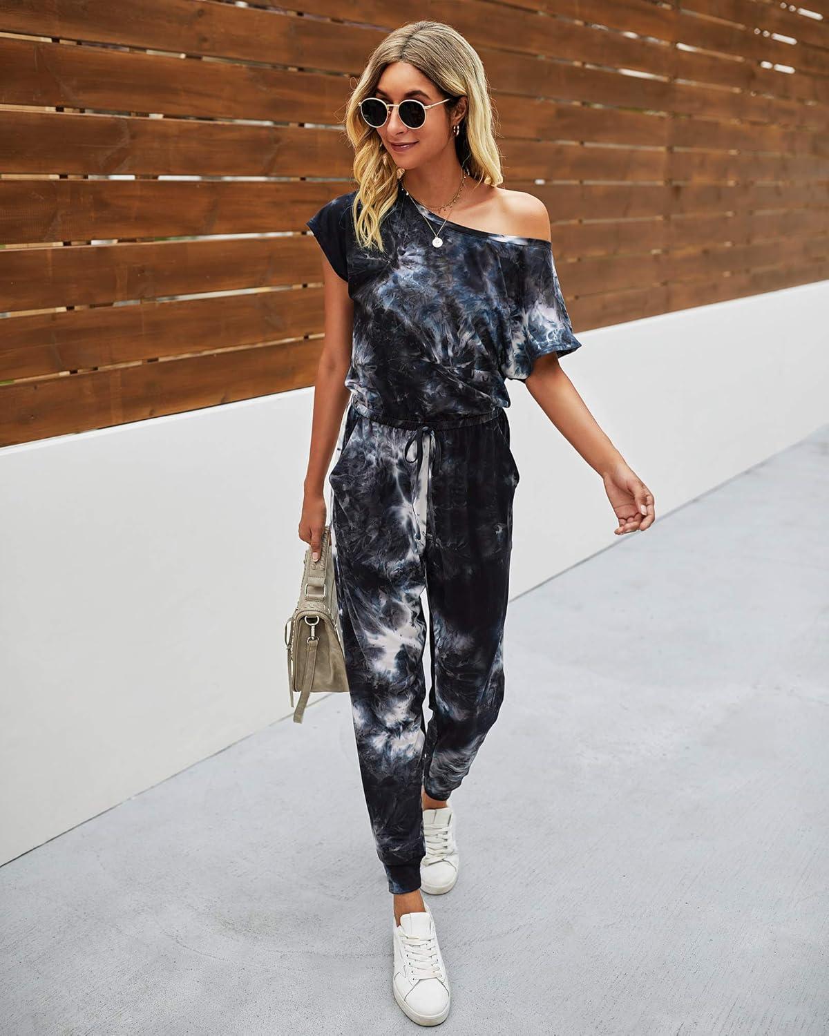 imagePRETTYGARDEN Jumpsuits for Women 2026 Summer Dressy Off Shoulder Romper Spring Vacation Travel Lounge Outfits ClothesTie Dyeblack
