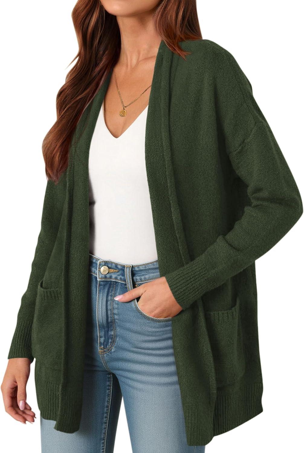 imagePRETTYGARDEN Long Cardigan Sweaters for Women Winter Clothing 2025 Fall Knitted Open Front Cozy Sweater with PocketsArmy Green