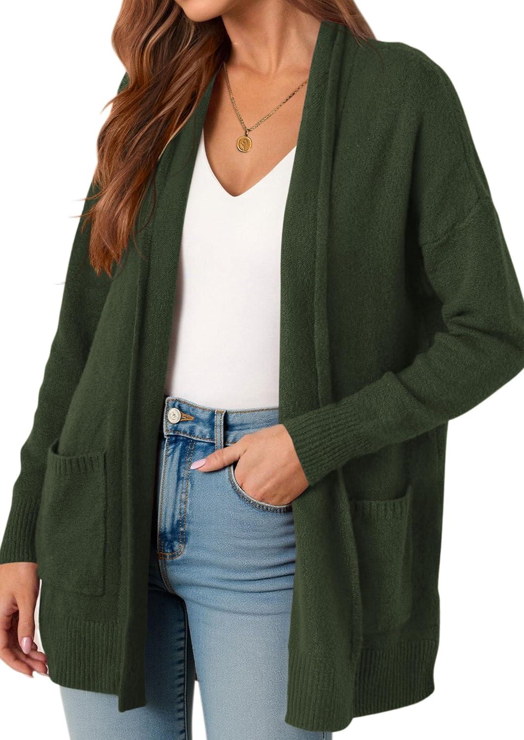 imagePRETTYGARDEN Long Cardigan Sweaters for Women Winter Clothing 2025 Fall Knitted Open Front Cozy Sweater with PocketsArmy Green