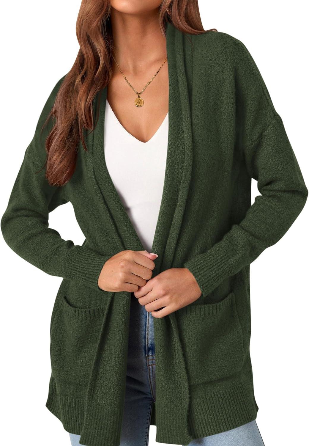 imagePRETTYGARDEN Long Cardigan Sweaters for Women Winter Clothing 2025 Fall Knitted Open Front Cozy Sweater with PocketsArmy Green