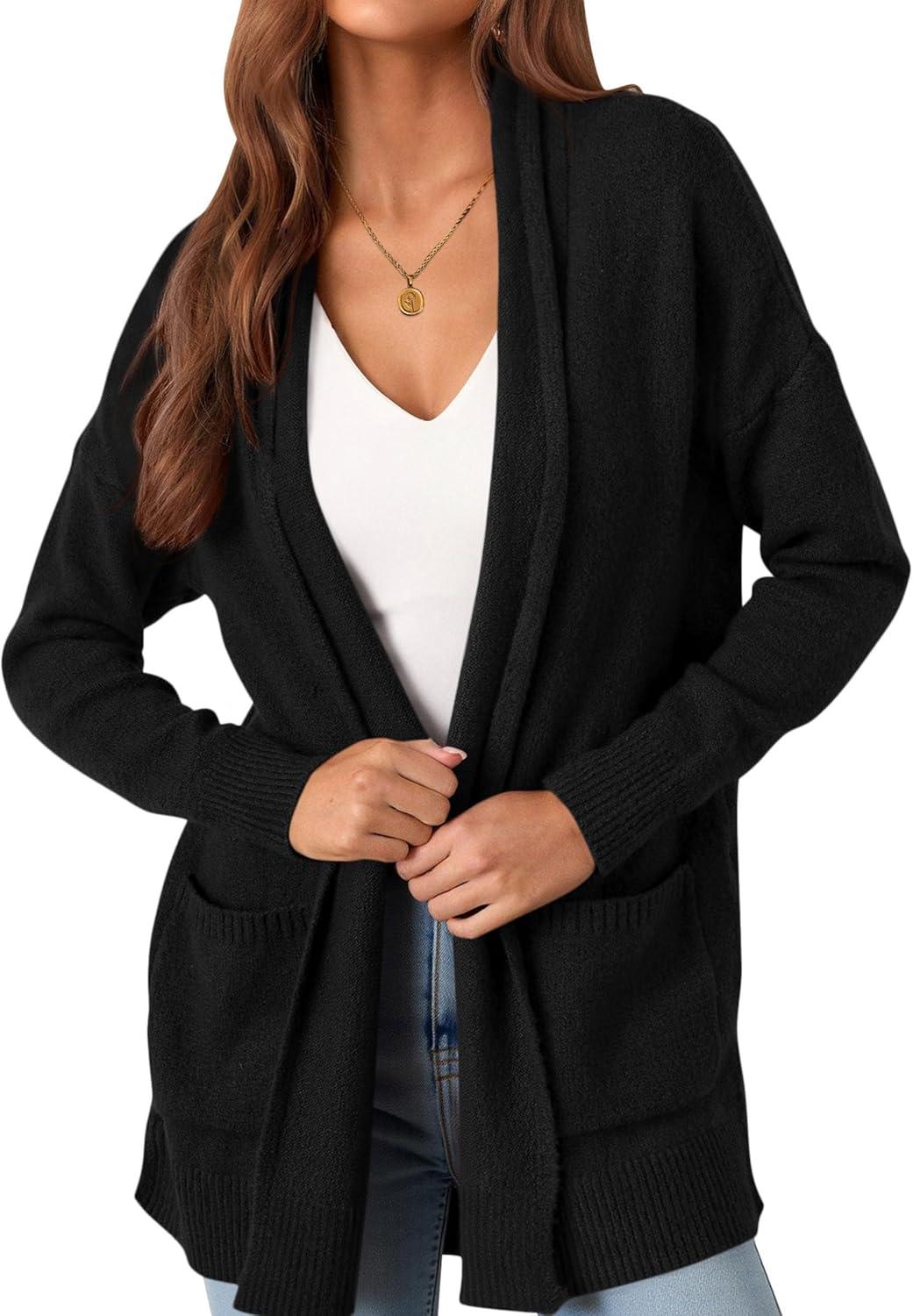 imagePRETTYGARDEN Long Cardigan Sweaters for Women Winter Clothing 2025 Fall Knitted Open Front Cozy Sweater with PocketsBlack