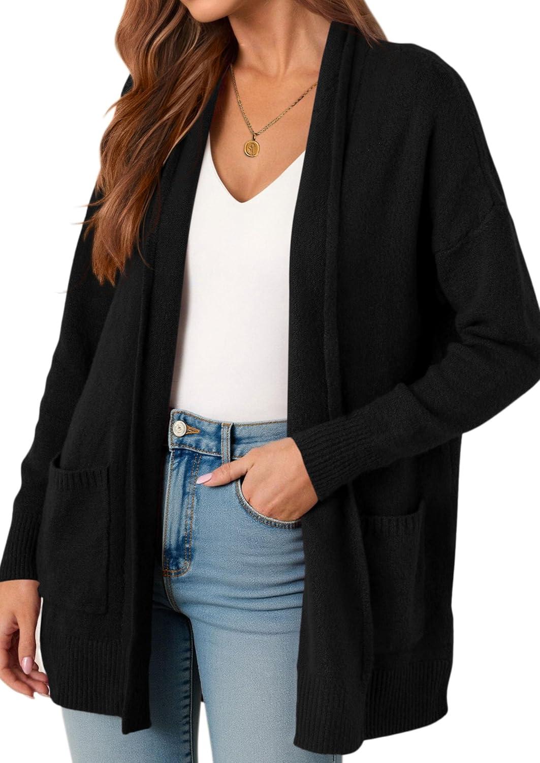 imagePRETTYGARDEN Long Cardigan Sweaters for Women Winter Clothing 2025 Fall Knitted Open Front Cozy Sweater with PocketsBlack