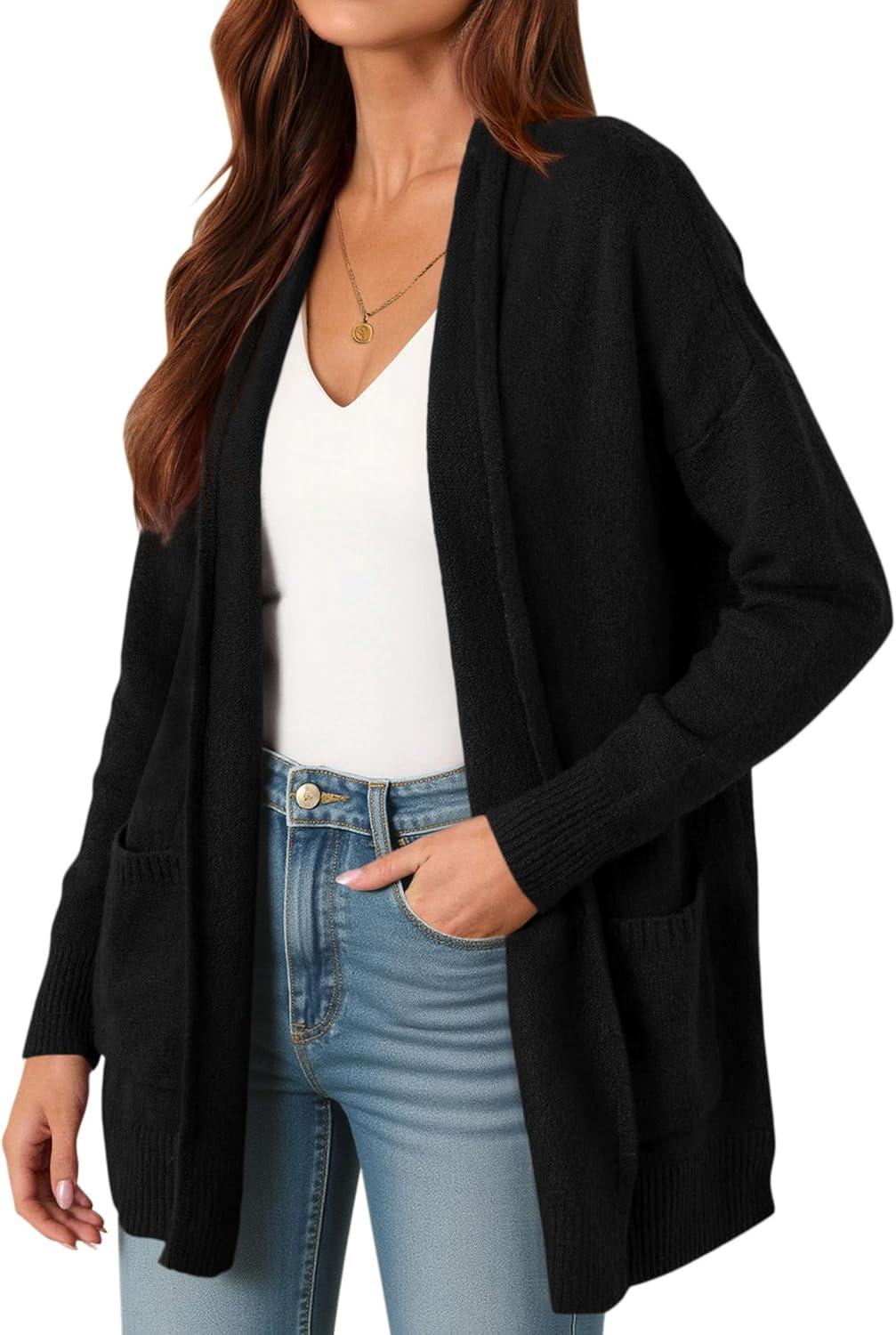 imagePRETTYGARDEN Long Cardigan Sweaters for Women Winter Clothing 2025 Fall Knitted Open Front Cozy Sweater with PocketsBlack