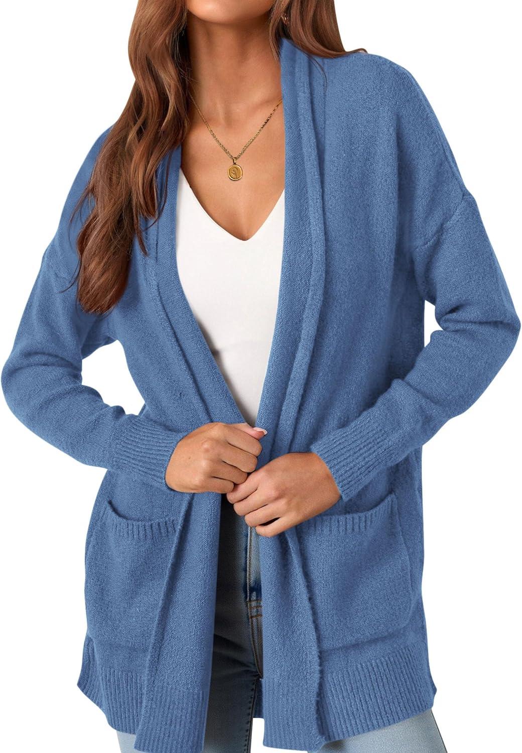 imagePRETTYGARDEN Long Cardigan Sweaters for Women Winter Clothing 2025 Fall Knitted Open Front Cozy Sweater with PocketsBlue