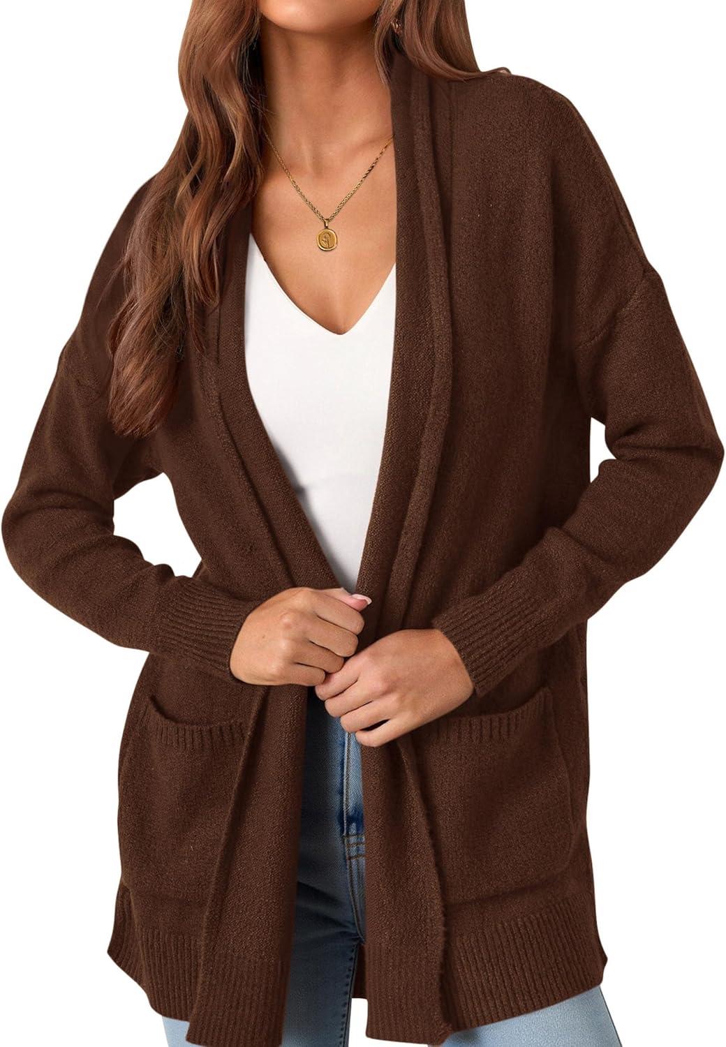 imagePRETTYGARDEN Long Cardigan Sweaters for Women Winter Clothing 2025 Fall Knitted Open Front Cozy Sweater with PocketsBrown